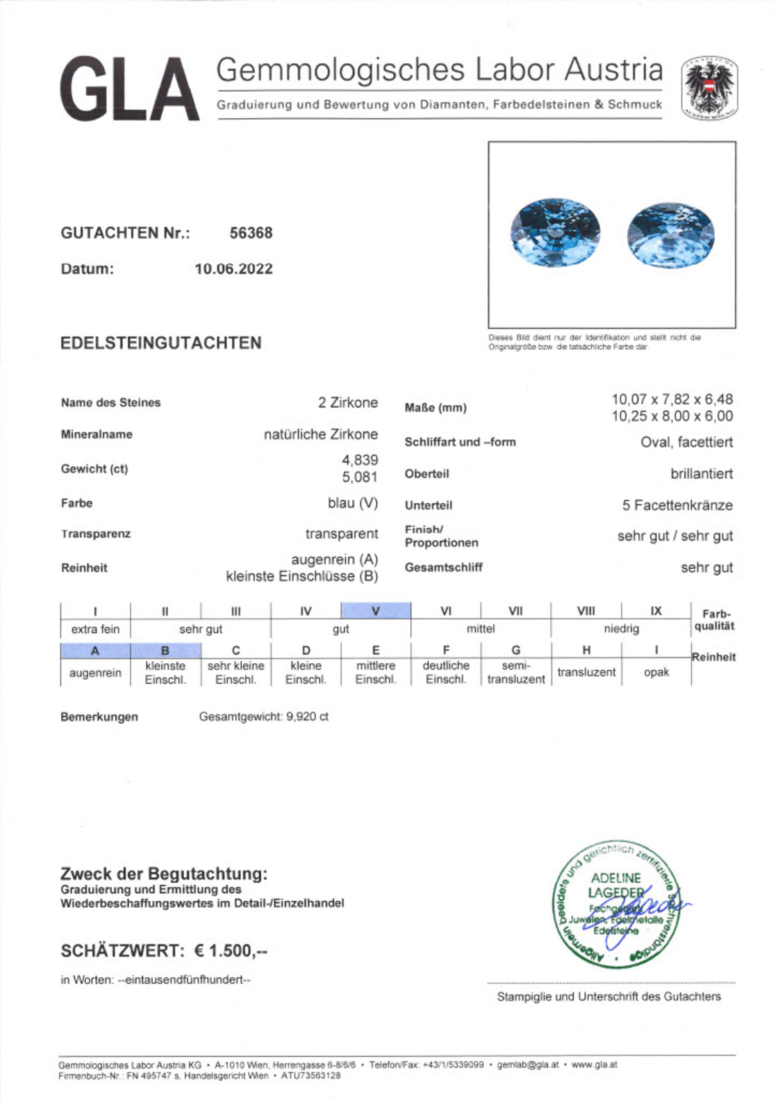 Zirkon Duo Ovalschliffe blau 9,92 ct