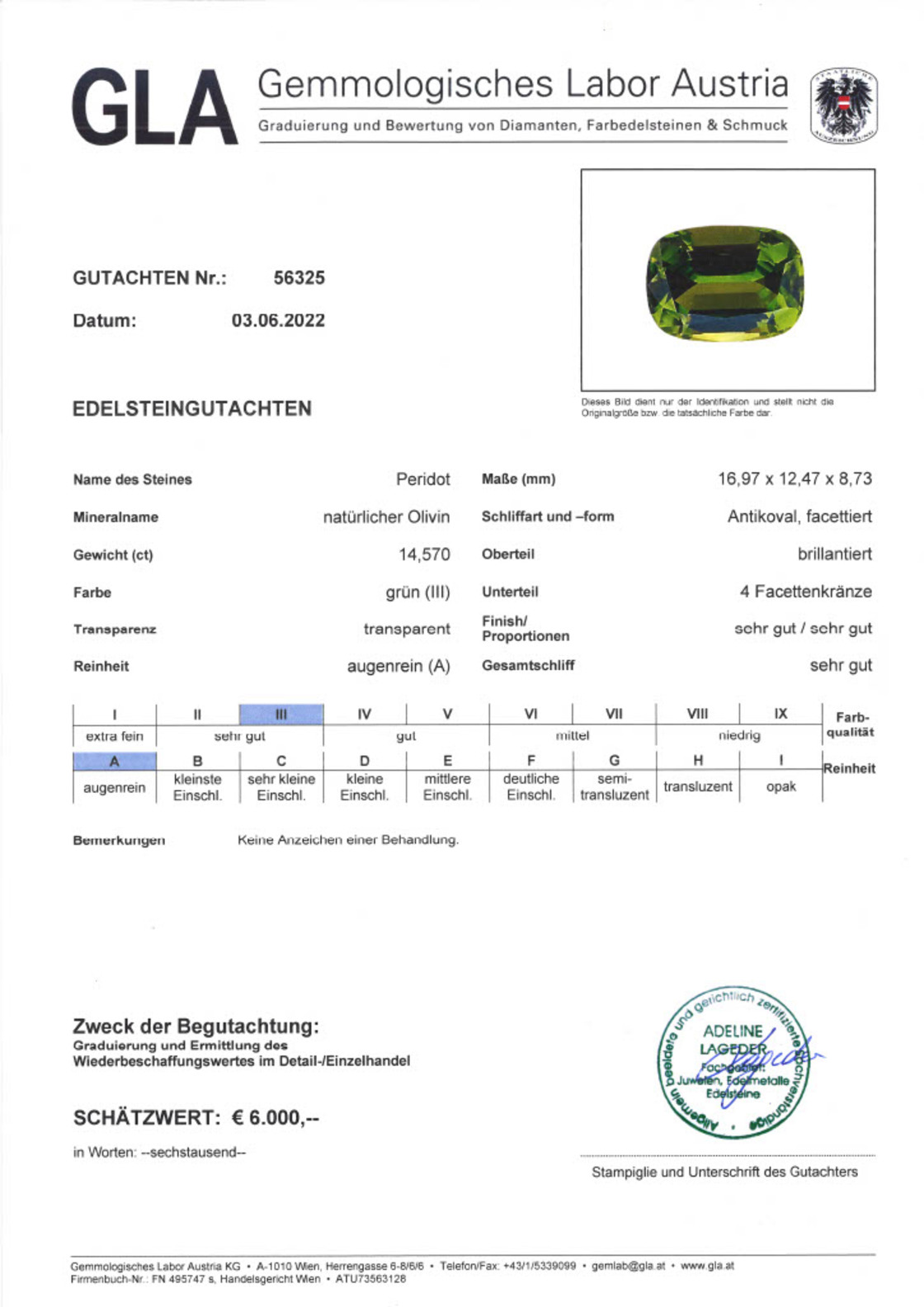 Peridot Antikovalschliff grün unbehandelt 14,570 ct