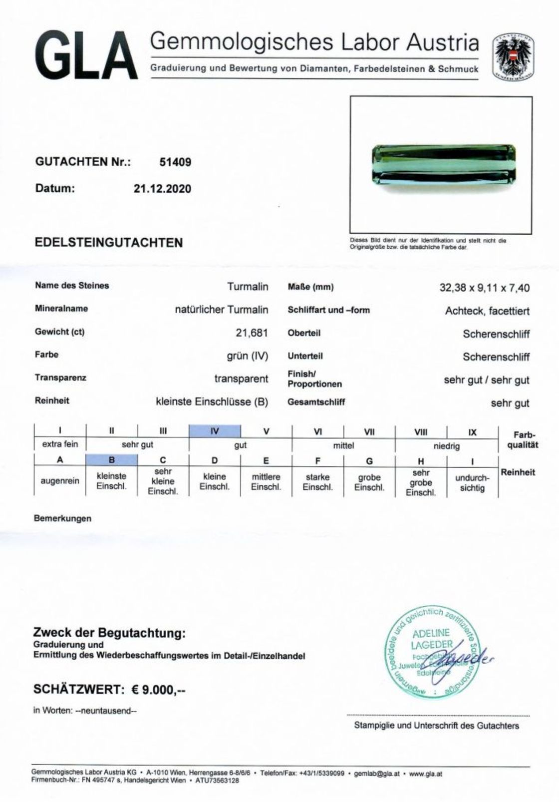 Bläulich grüner Turmalin Achteckschliff unbehandelt 21,681 ct