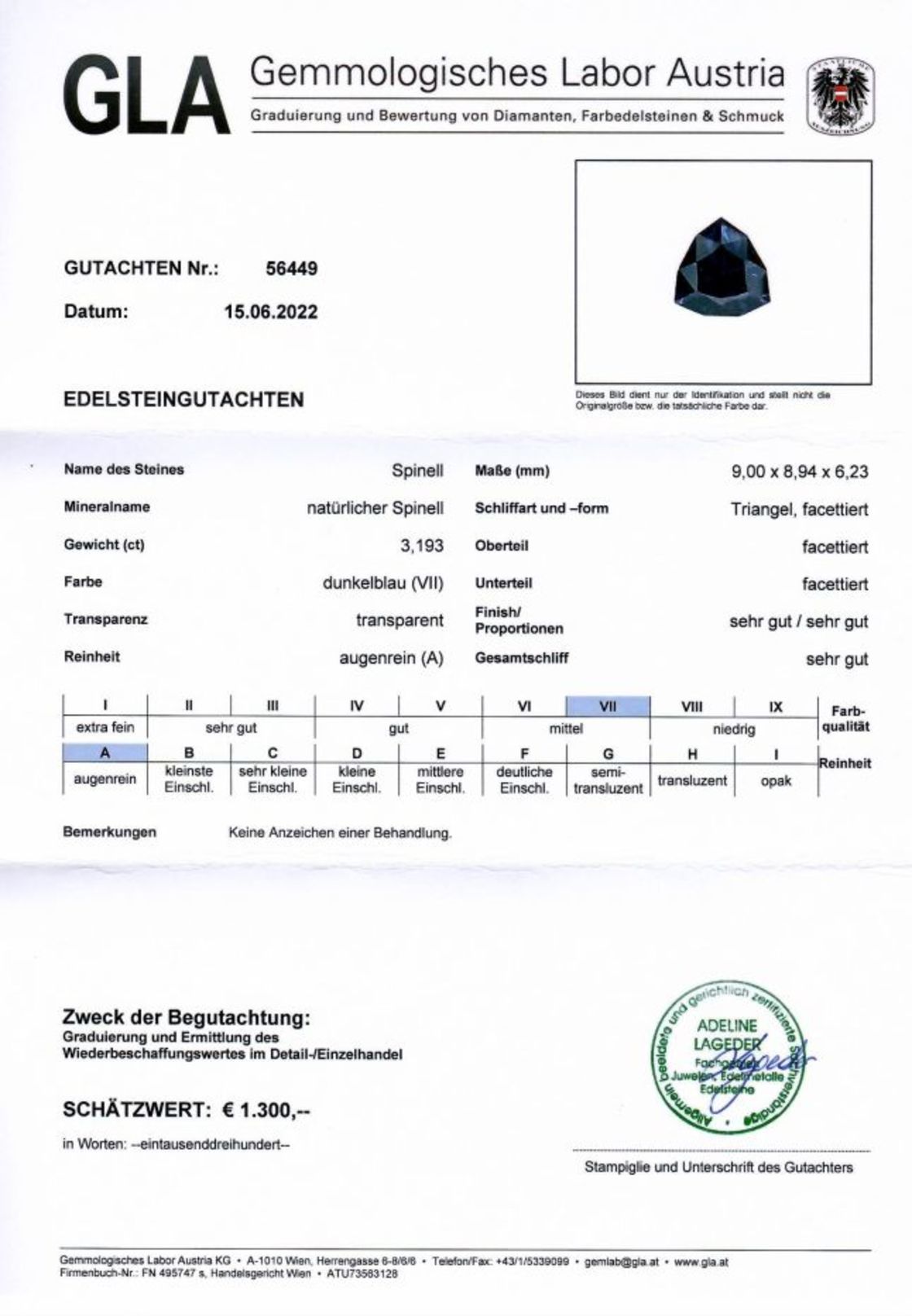 Spinell Trillionschliff dunkelblau unbehandelt 3,193 ct