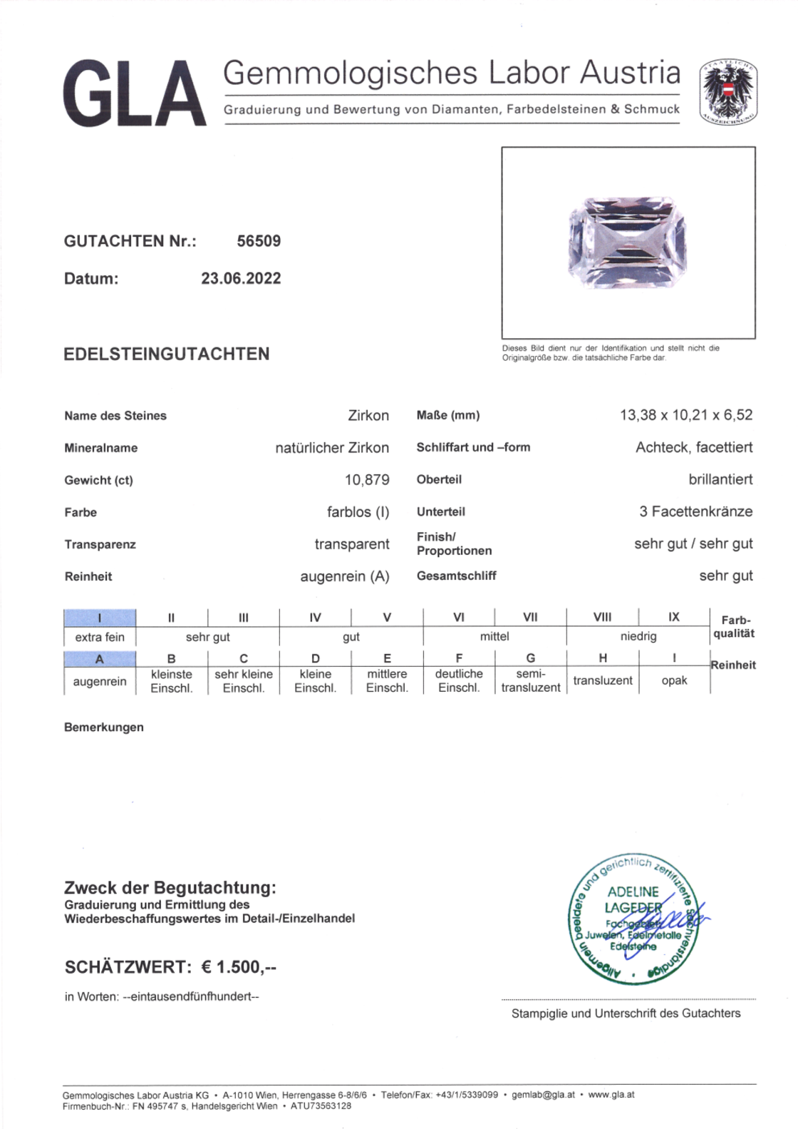 Zirkon Achteckschliff farblos 10,879 ct