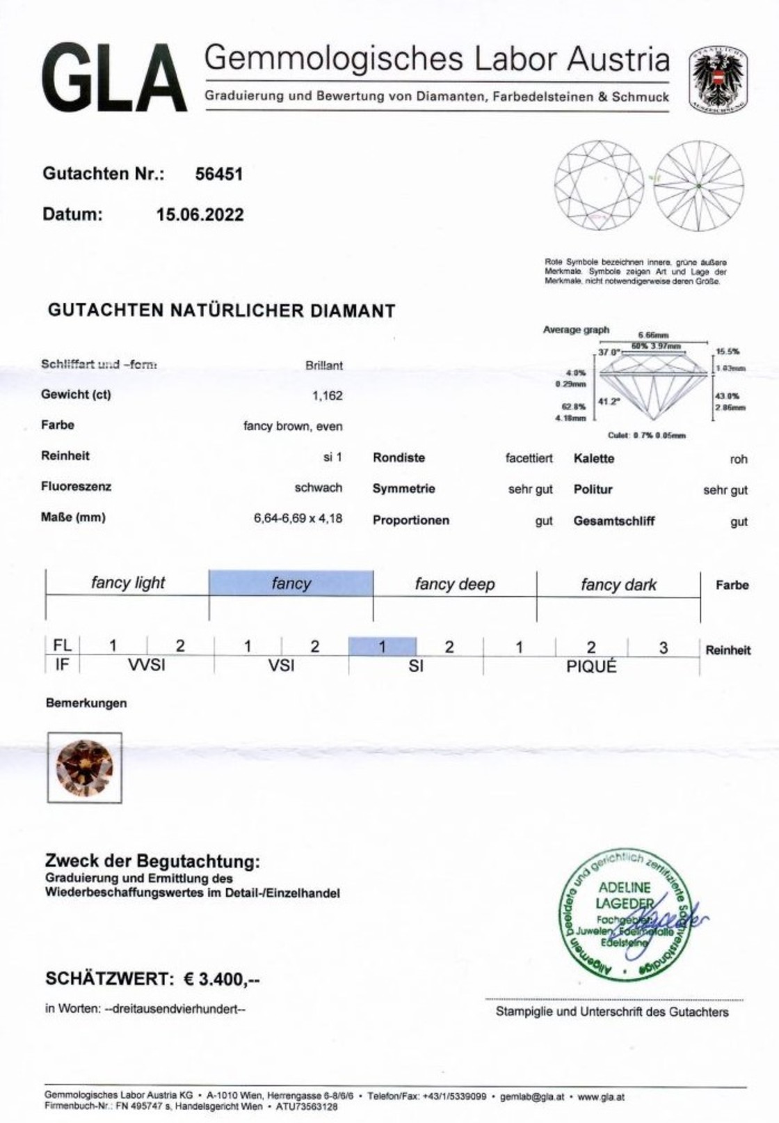 Gutachten zu Farbdiamant Brillant braun 1,16 ct