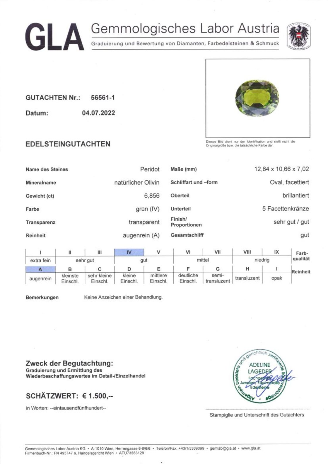 Peridot Ovalschliff grün unbehandelt 6,856 ct