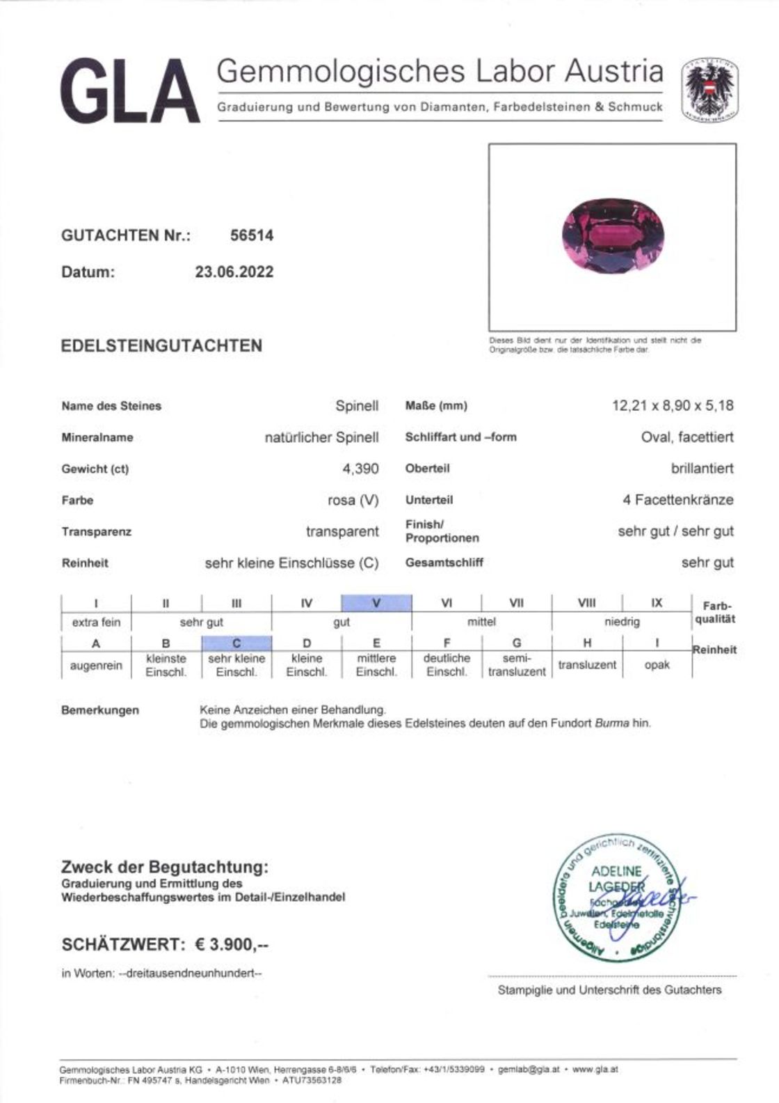 Spinell Ovalschliff purpur-rosa unbehandelt 4,390 ct