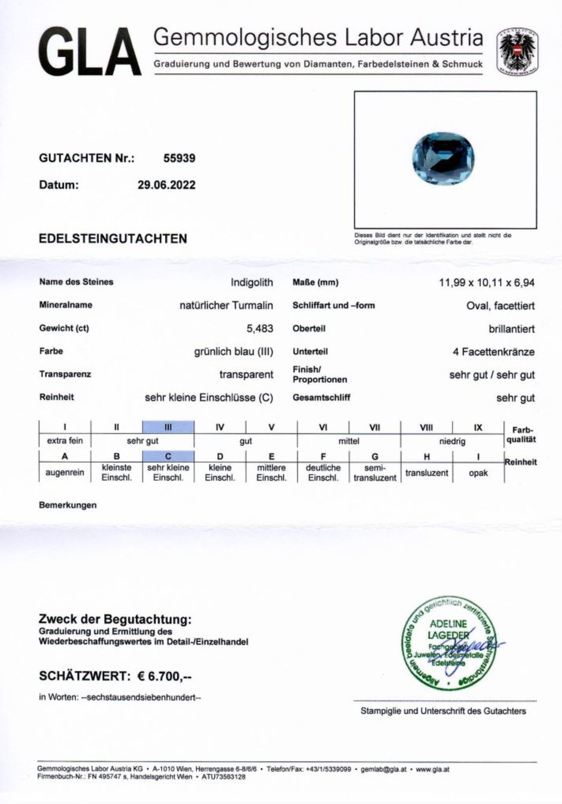 Blauer Turmalin Indigolith Ovalschliff 5,483 ct