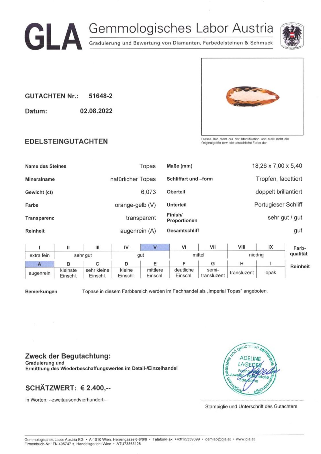 Imperial-Topas Tropfenschliff gelborange unbehandelt 6,073 ct