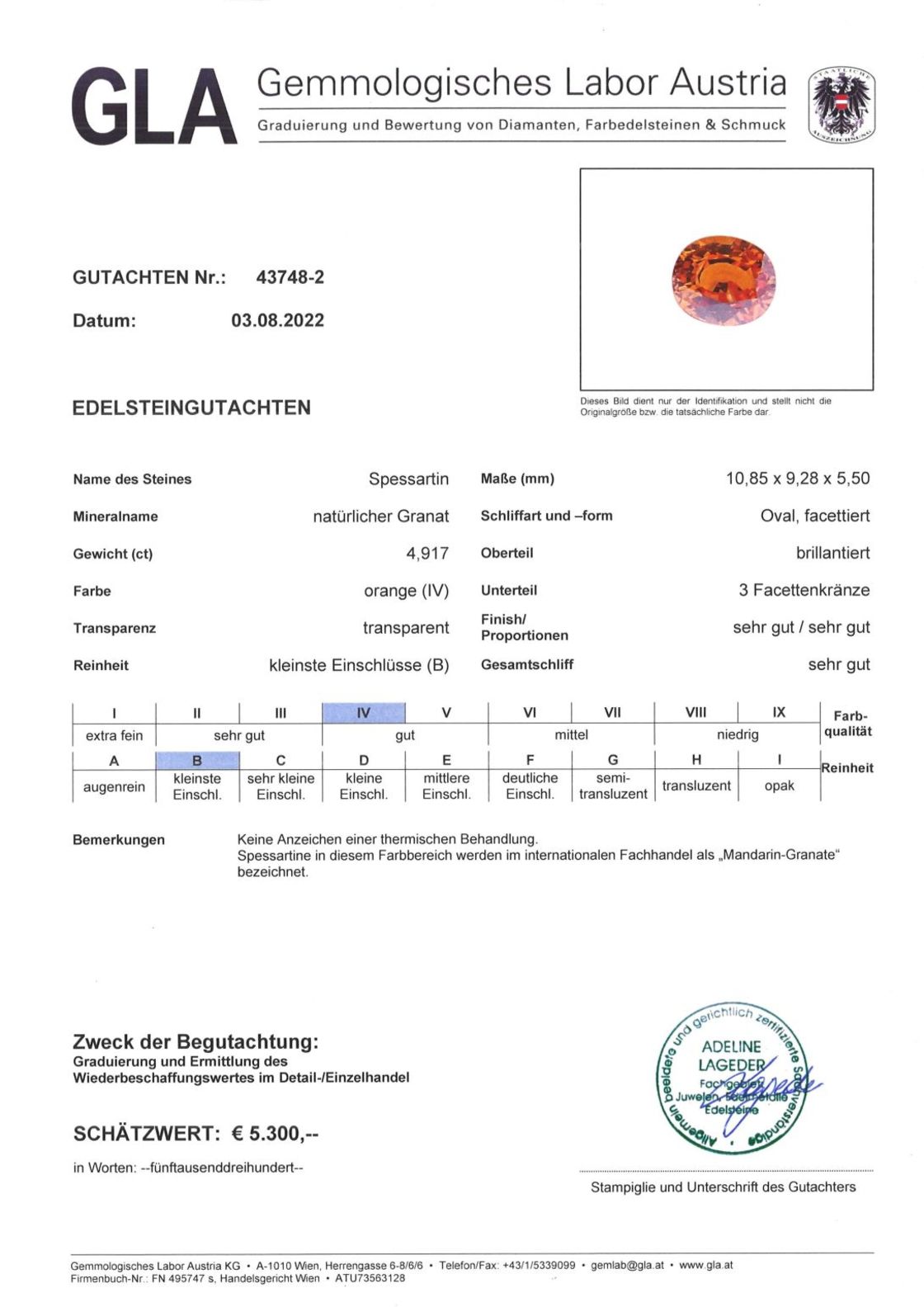 Mandarin-Granat Ovalschliff orange unbehandelt 4,917 ct