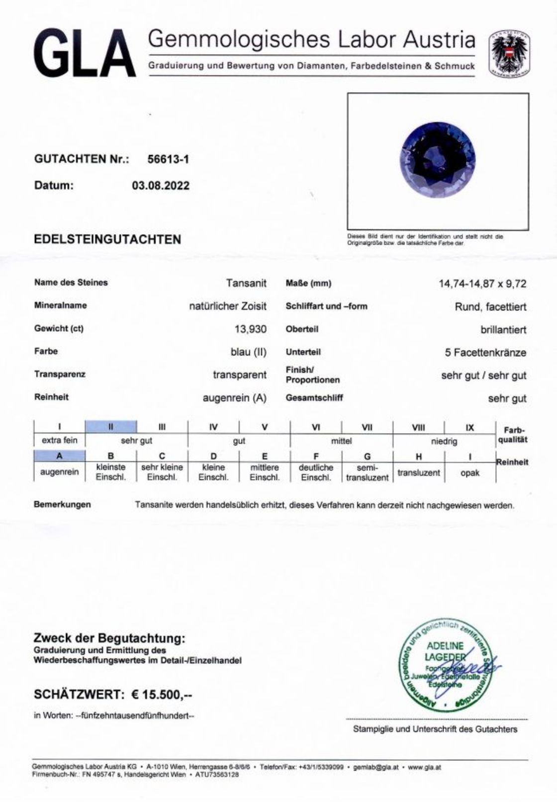Gutachten zu Tansanit rund intensives Blau 13,93 ct.