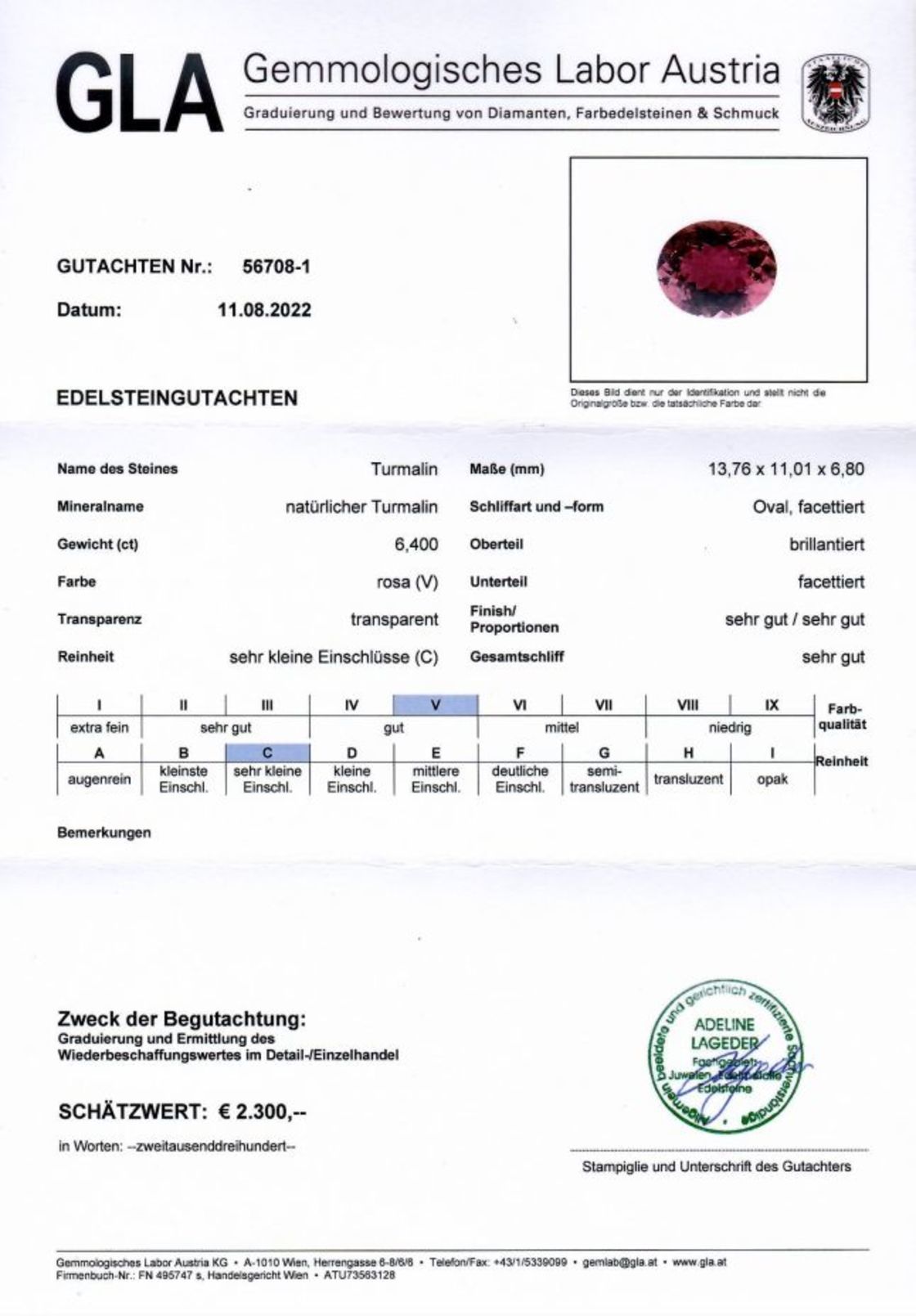 Rosa Turmalin Ovalschliff unbehandelt 6,400 ct
