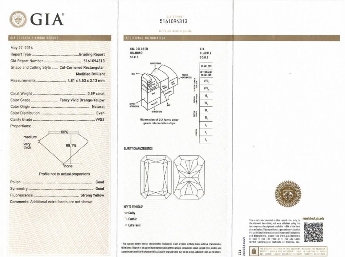 Fancy Diamond Radiant vivid orange-yellow vvs2 0,59 ct