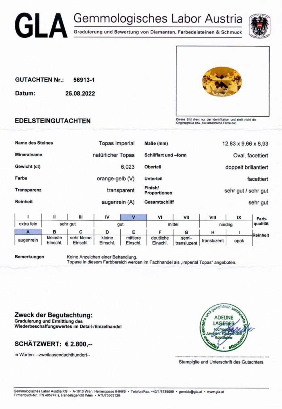 Imperial-Topas Ovalschliff orangegelb unbehandelt 6,023 ct