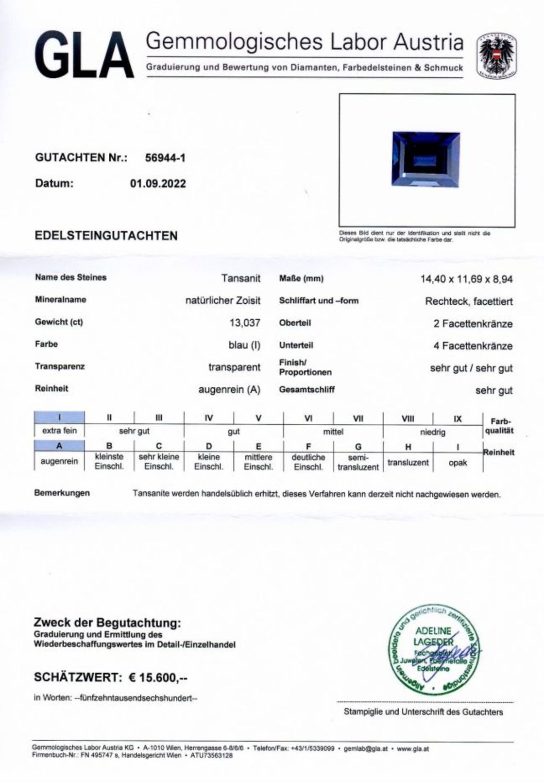 Tansanit Rechteckschliff intensives Blau 13,037 ct