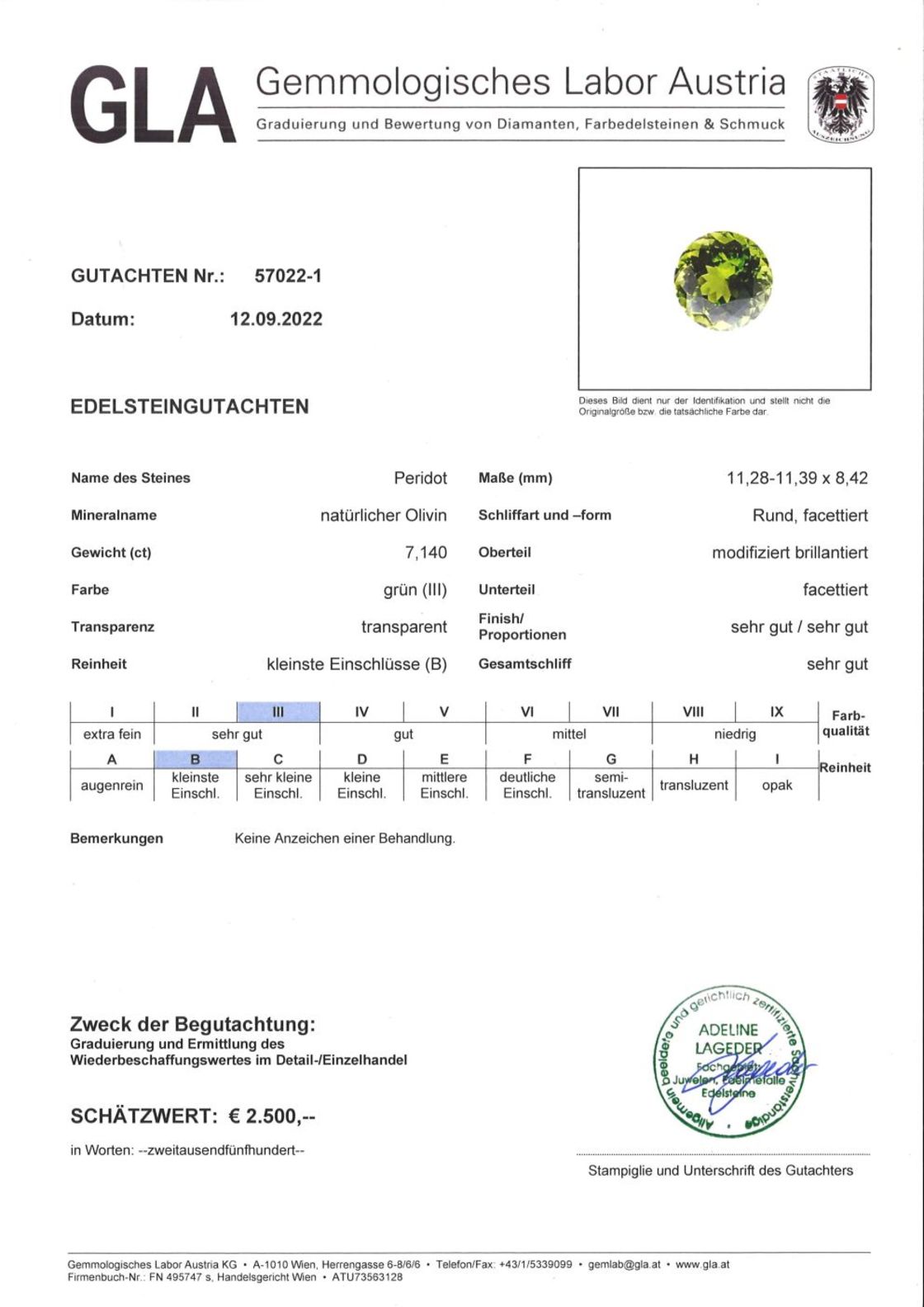 Gutachten zu Peridot rund grün 7,14 ct