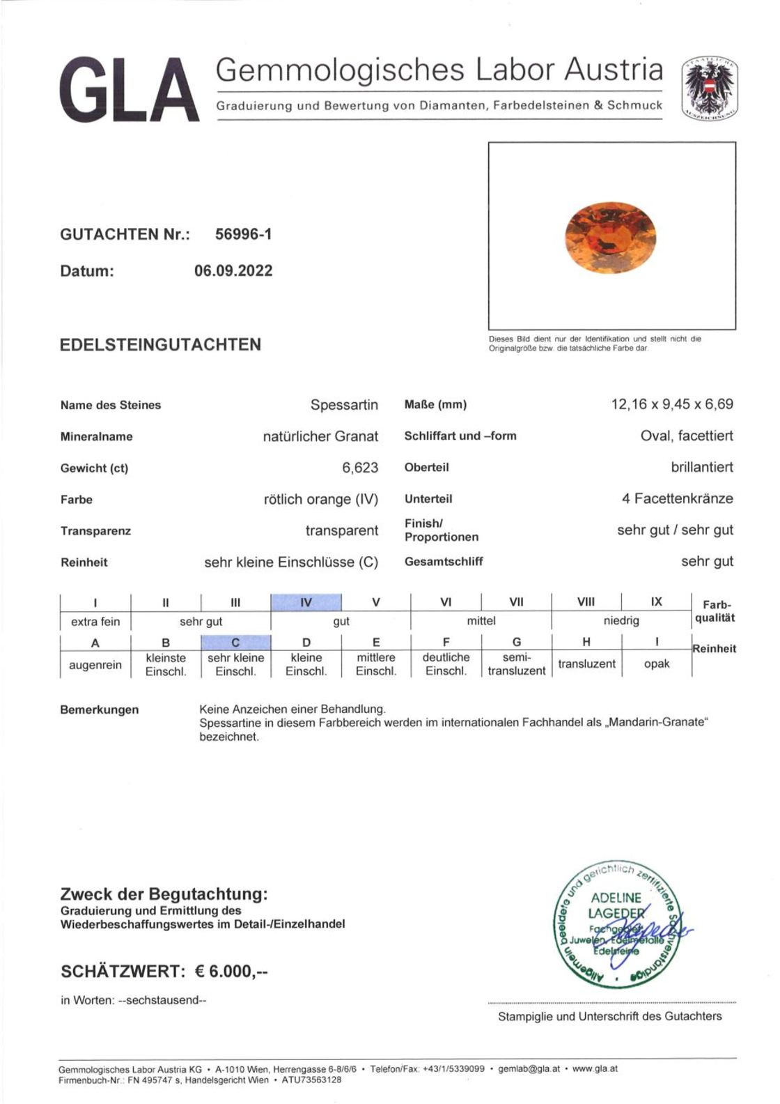 Mandarin-Granat Ovalschliff rötlich-orange unbehandelt 6,623 ct