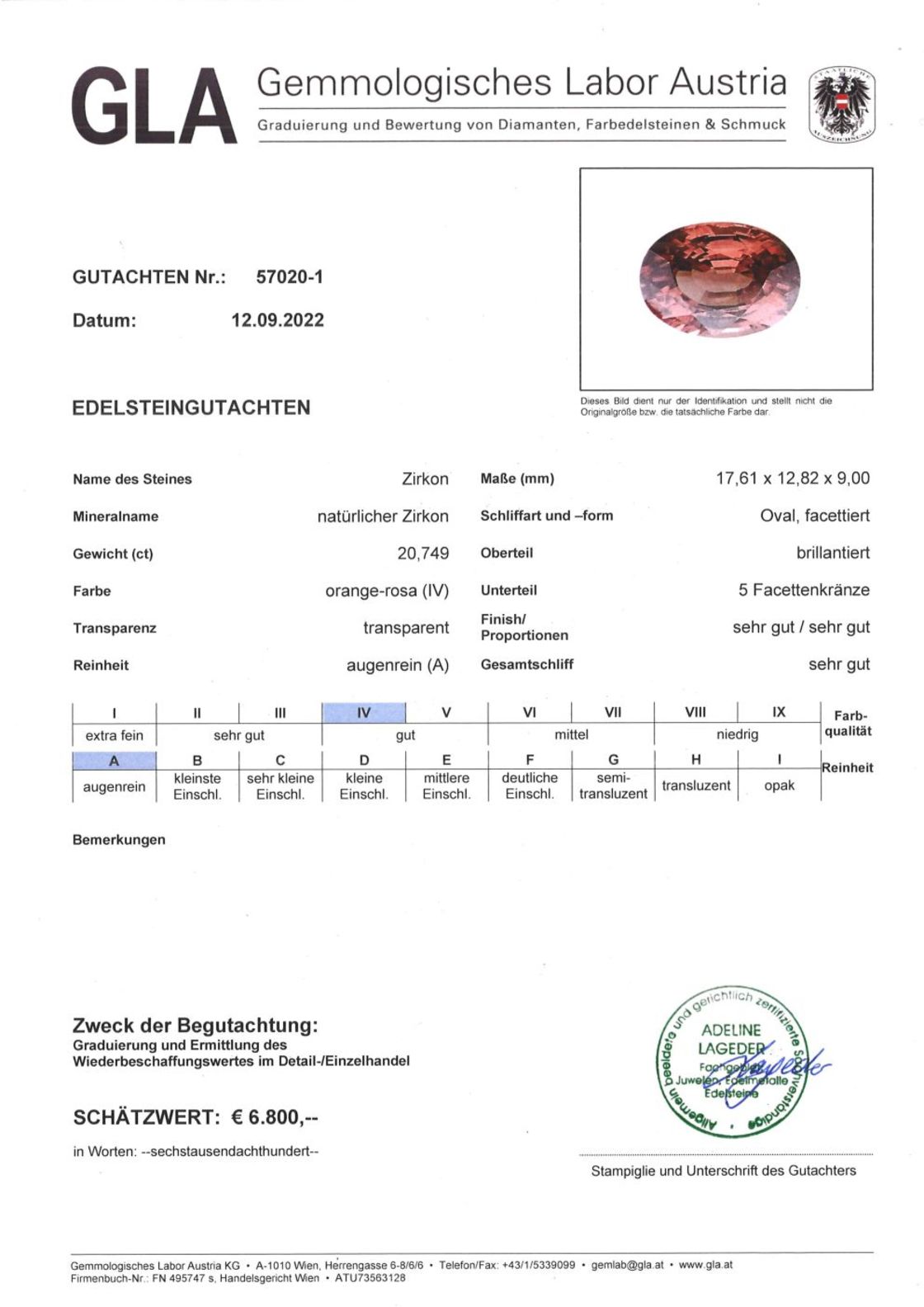 Zirkon Ovalschliff bräunlich-rosa 20,749 ct