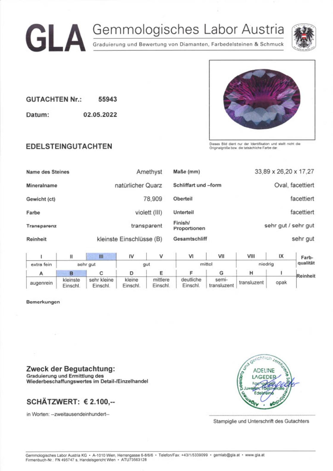 Amethyst Design-Ovalschliff intensives Violett 78,909 ct