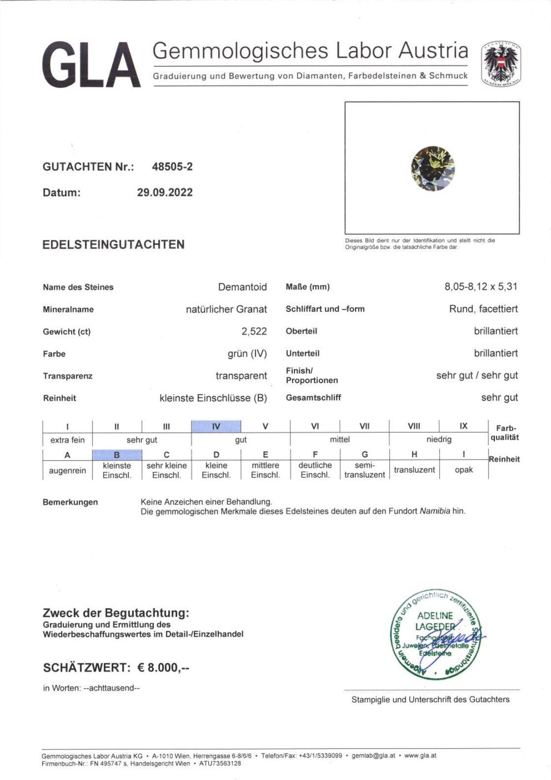 Gutachten zu Demantoid Granat rund-brillantiert 2,52 ct
