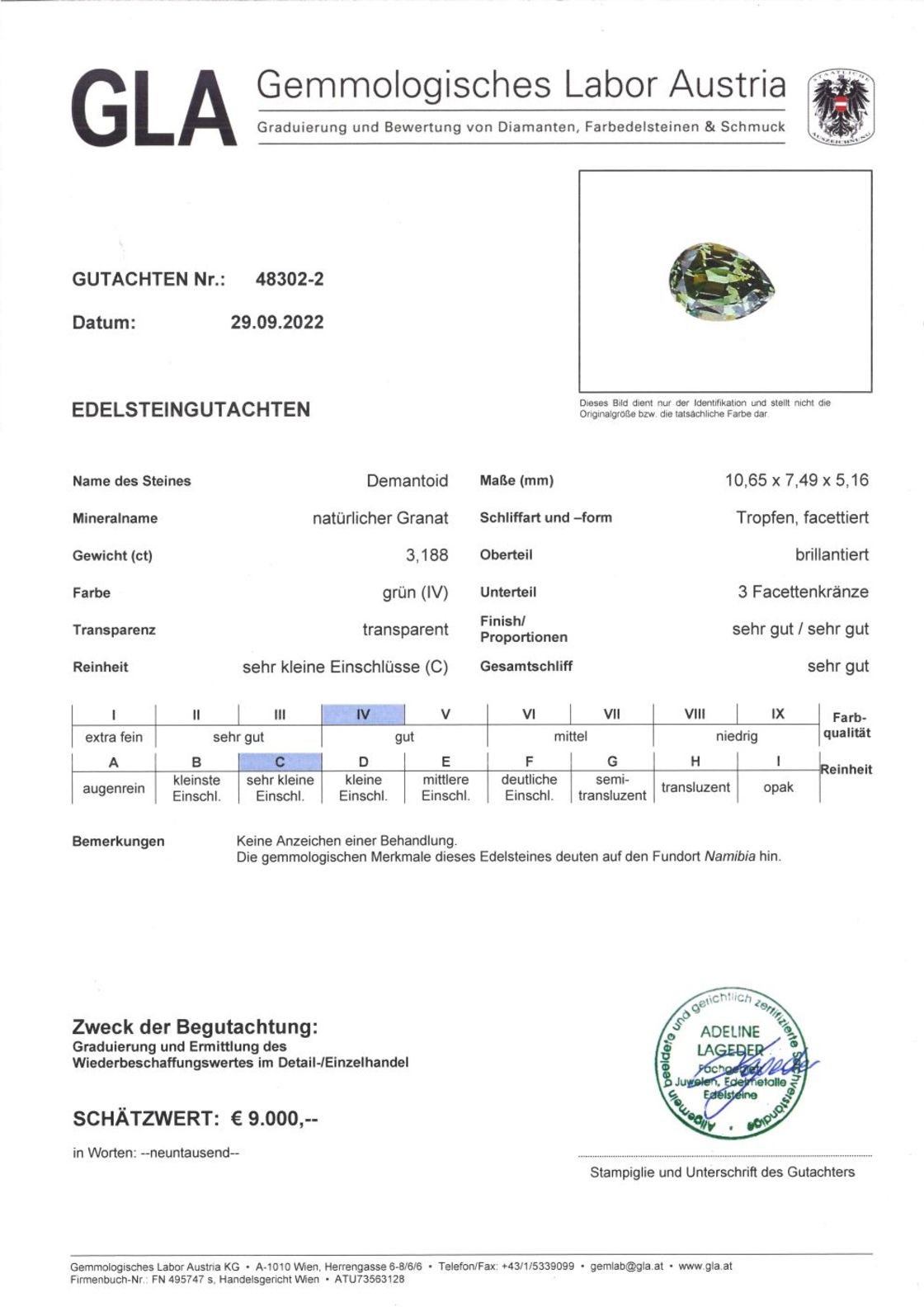 Demantoid Granat Andradit Tropfenschliff grün 3,188 ct