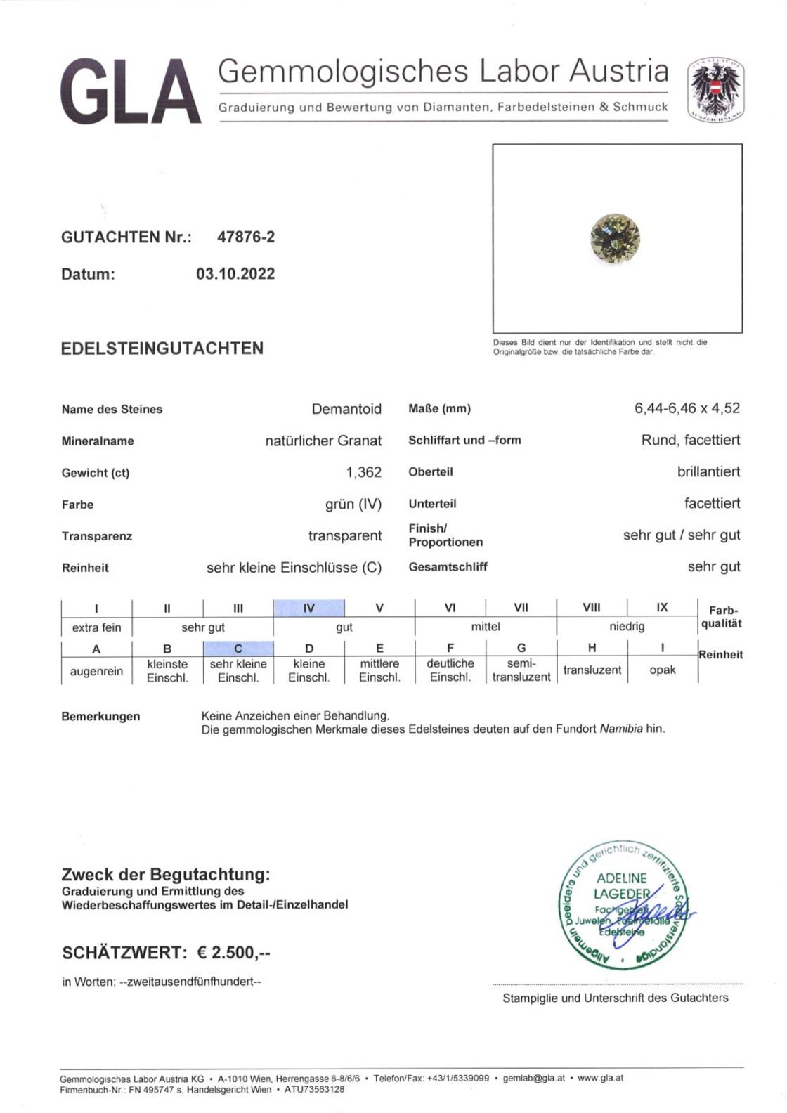 Gutachten zu Demantoid Granat rund-brillantiert 1,36 ct