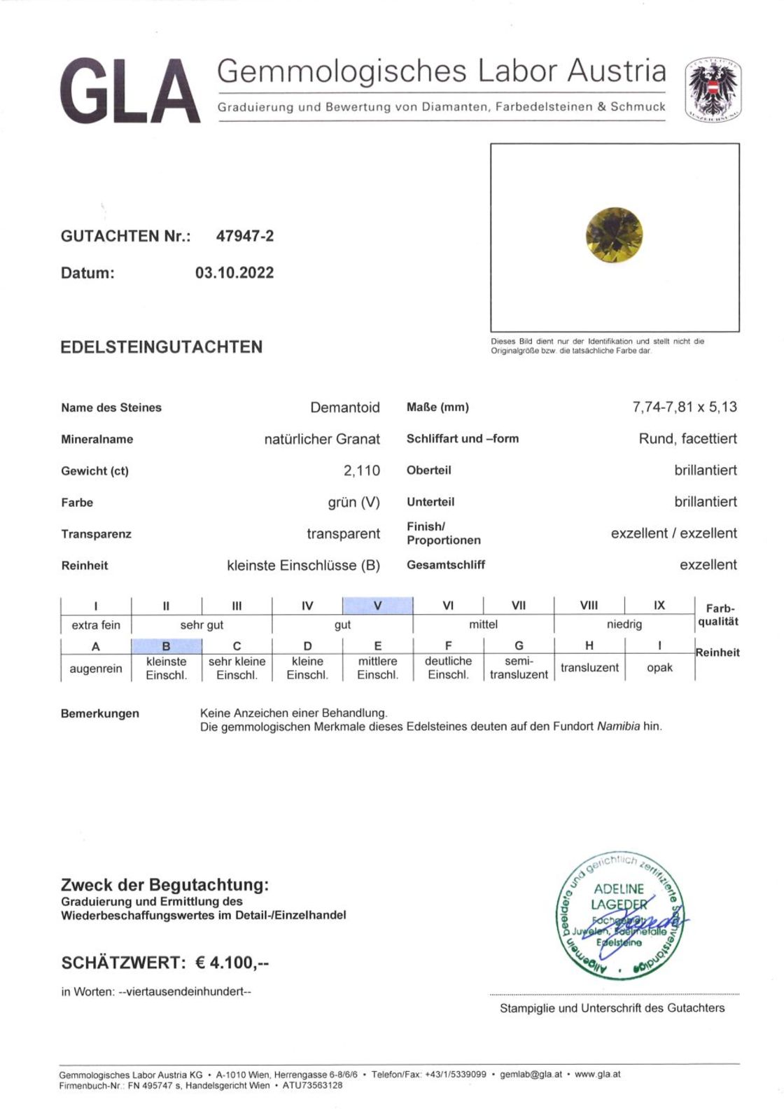 Demantoid Granat Rundschliff olivgrün 2,110 ct.