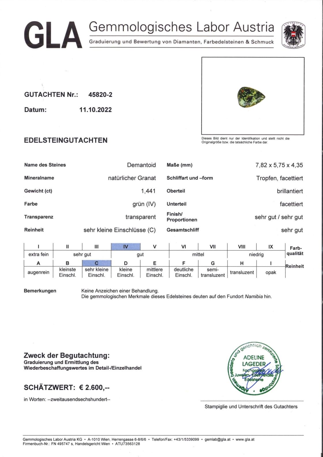 Demantoid Granat Tropfenschliff grün 1,441 ct