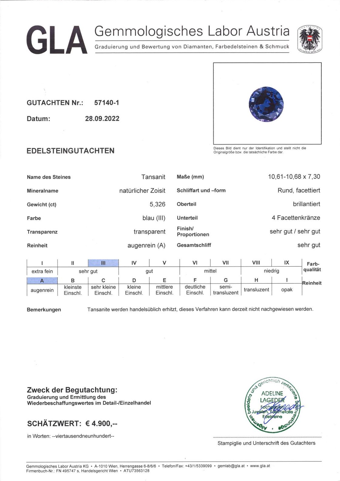 Tansanit Rundschliff intensives Blau 5,326 ct