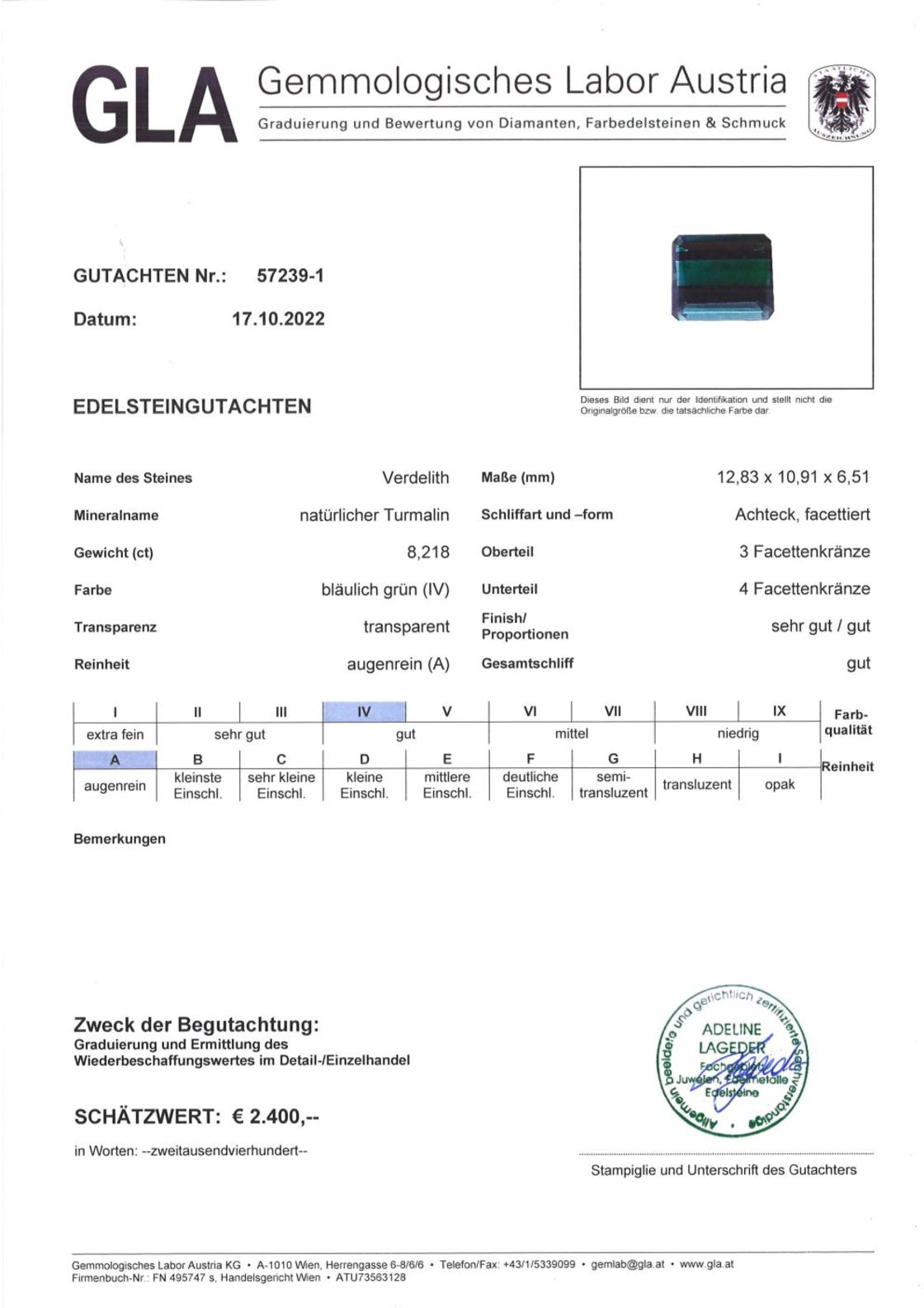 Grüner Turmalin Verdelith Achteckschliff 8,218 ct