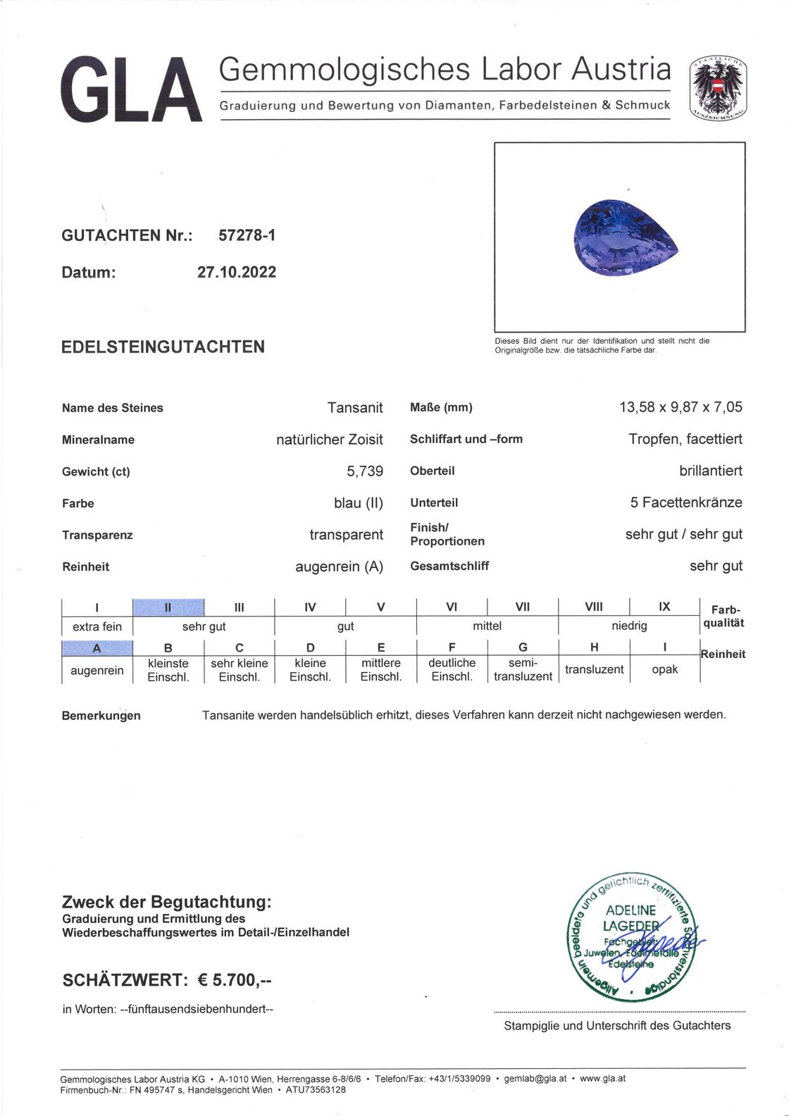 Tansanit Tropfenschliff intensives Blau 5,739 ct.