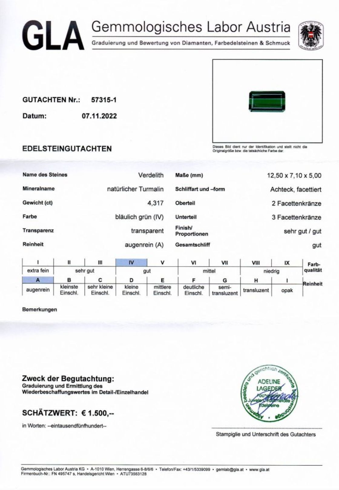 Grüner Turmalin Verdelith Achteckschliff 4,317 ct