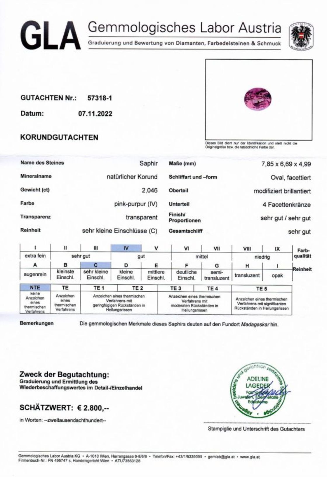 Unbehandelter Saphir Ovalschliff pink-purpur 2,046 ct