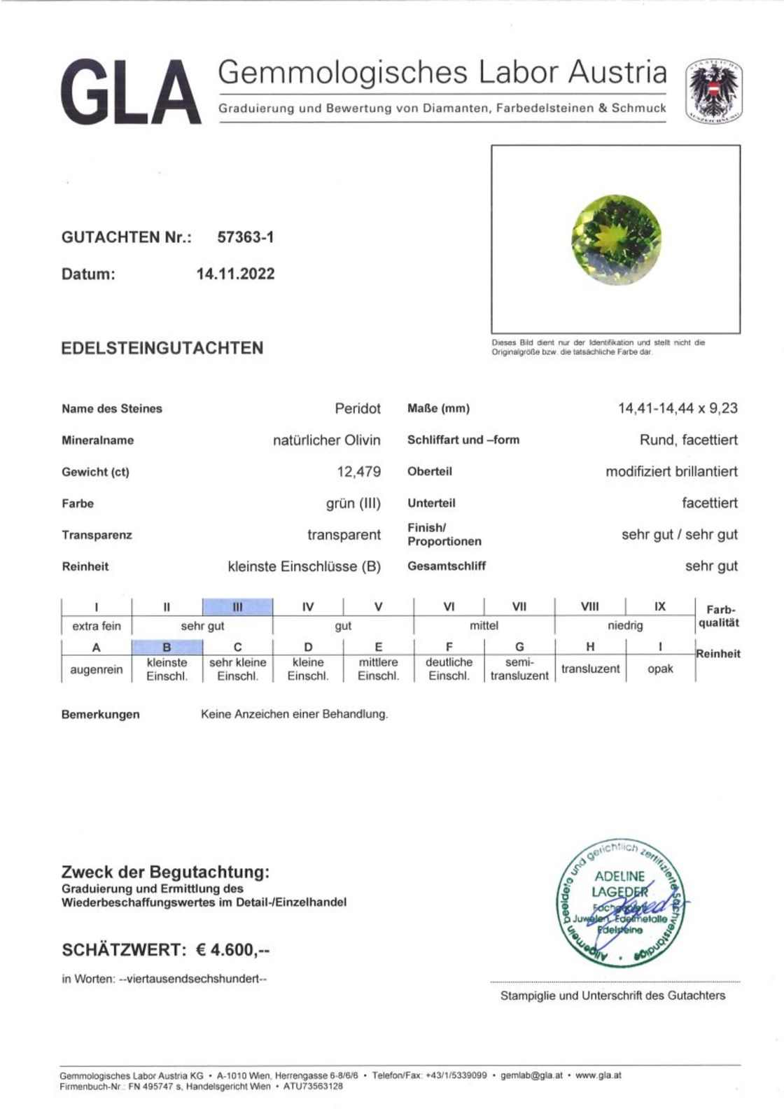 Peridot Rundschliff grün unbehandelt 12,479 ct