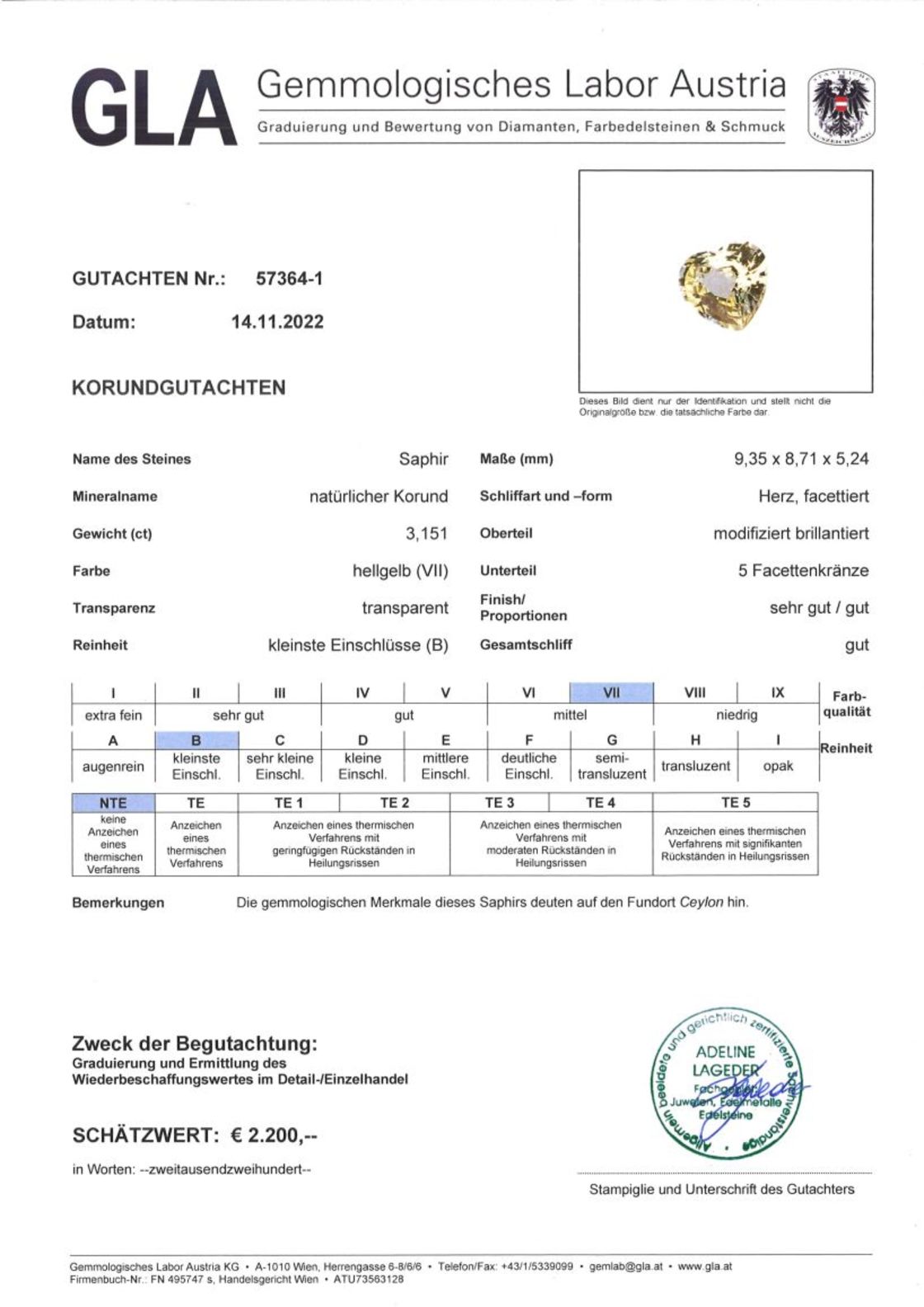 Unbehandelter Saphir Herzschliff hellgelb 3,151 ct