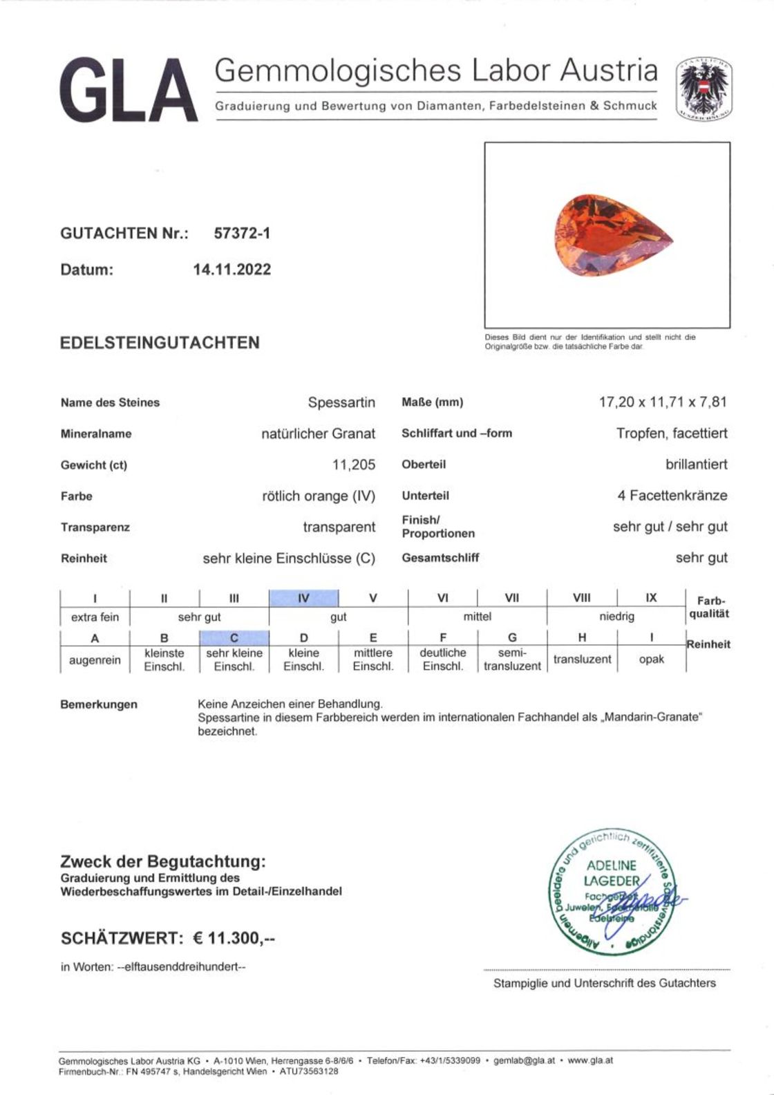 Mandarin-Granat Tropfenschliff rötlich-orange unbehandelt 11,205 ct