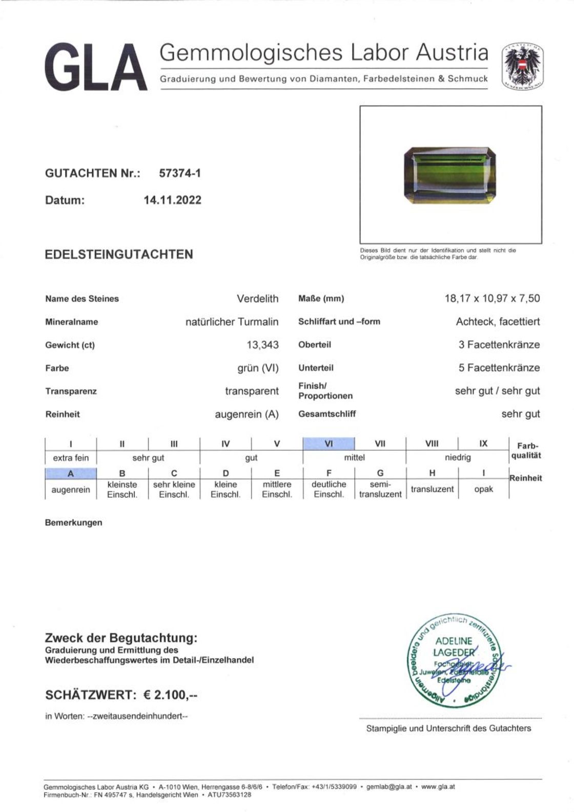 Grüner Turmalin Verdelith Achteckschliff 13,343 ct