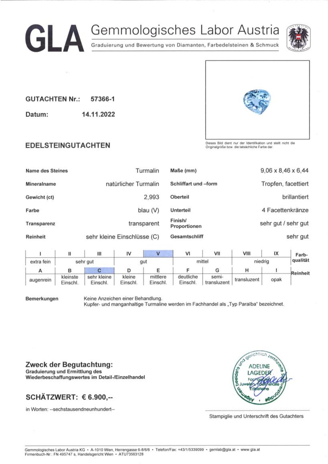 Paraiba Turmalin Tropfenschliff blau unbehandelt 2,993 ct