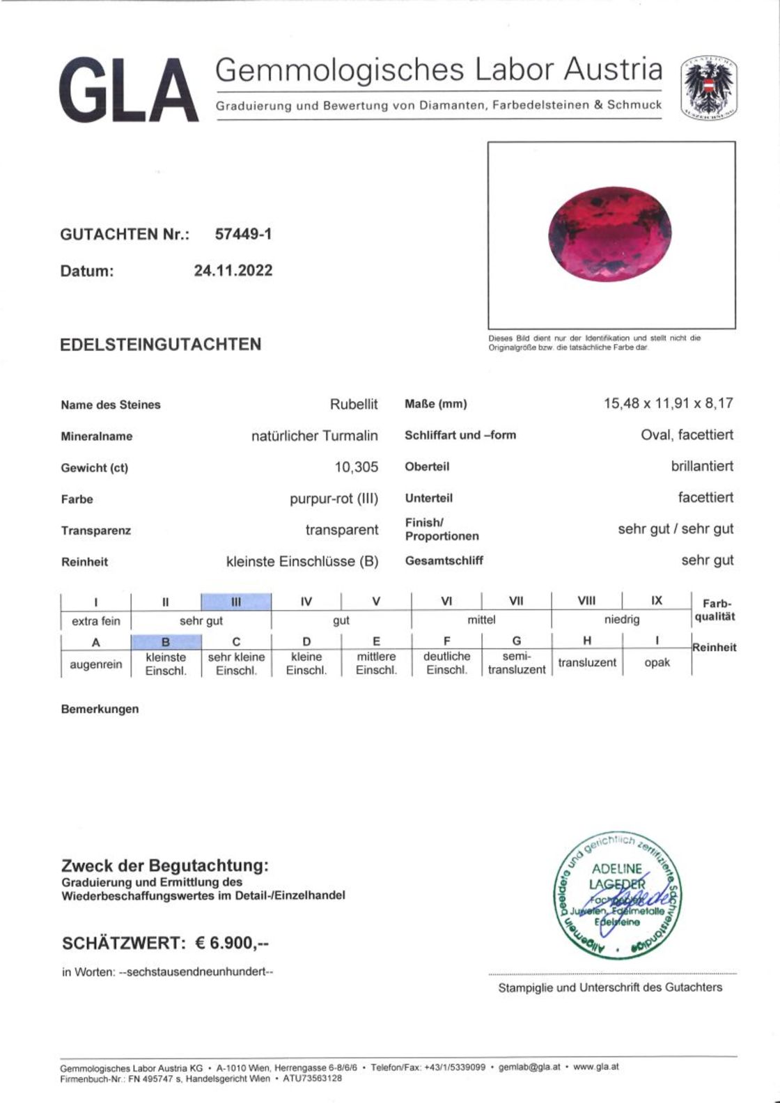 Roter Turmalin Rubellit Ovalschliff 10,305 ct