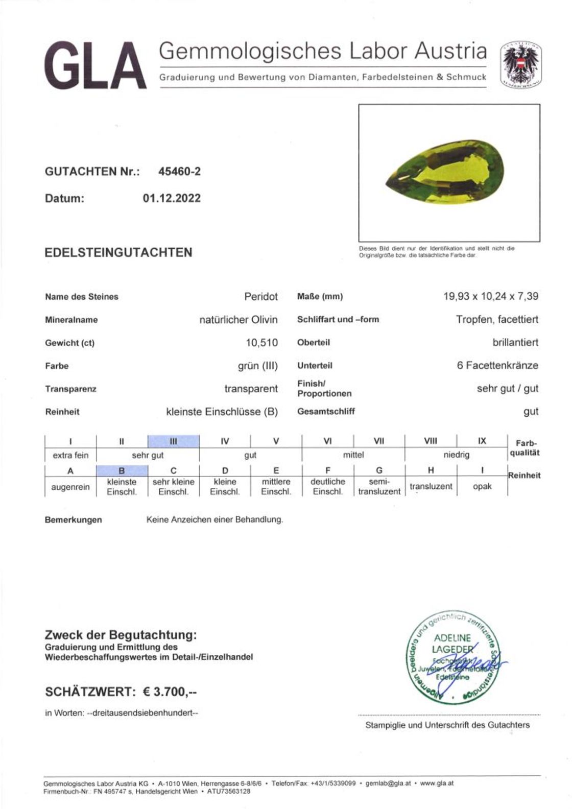 Gutachten zu Peridot pear green 10.51 ct