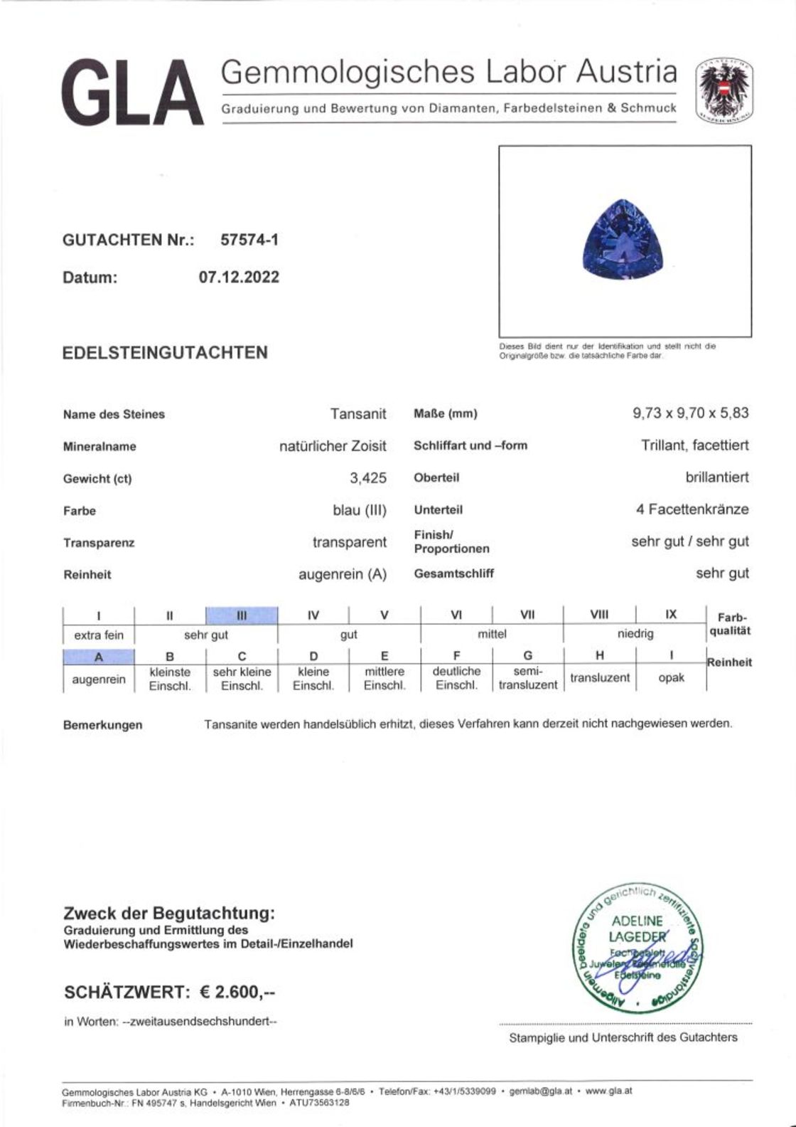 Tansanit Trillionschliff intensives Blau 3,425 ct