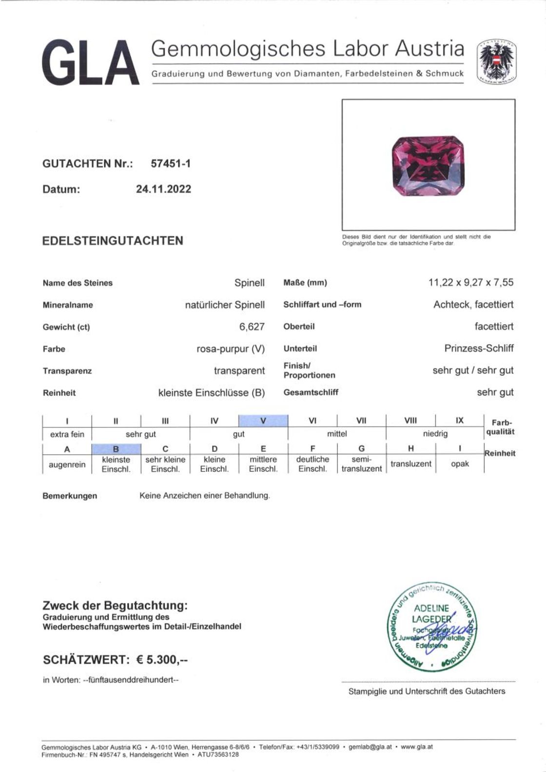 Purpurroter Spinell Achteck-Princessschliff unbehandelt 6,627 ct