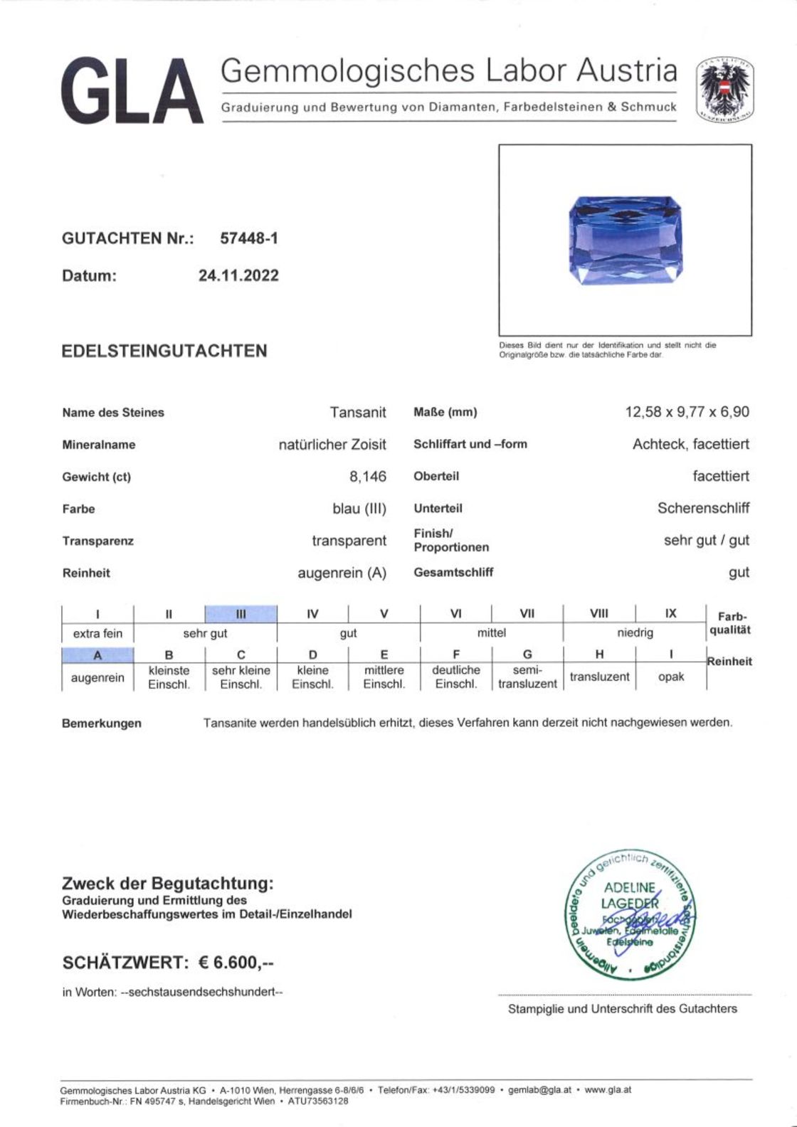 Tansanit Achteckschliff blau 8,146 ct