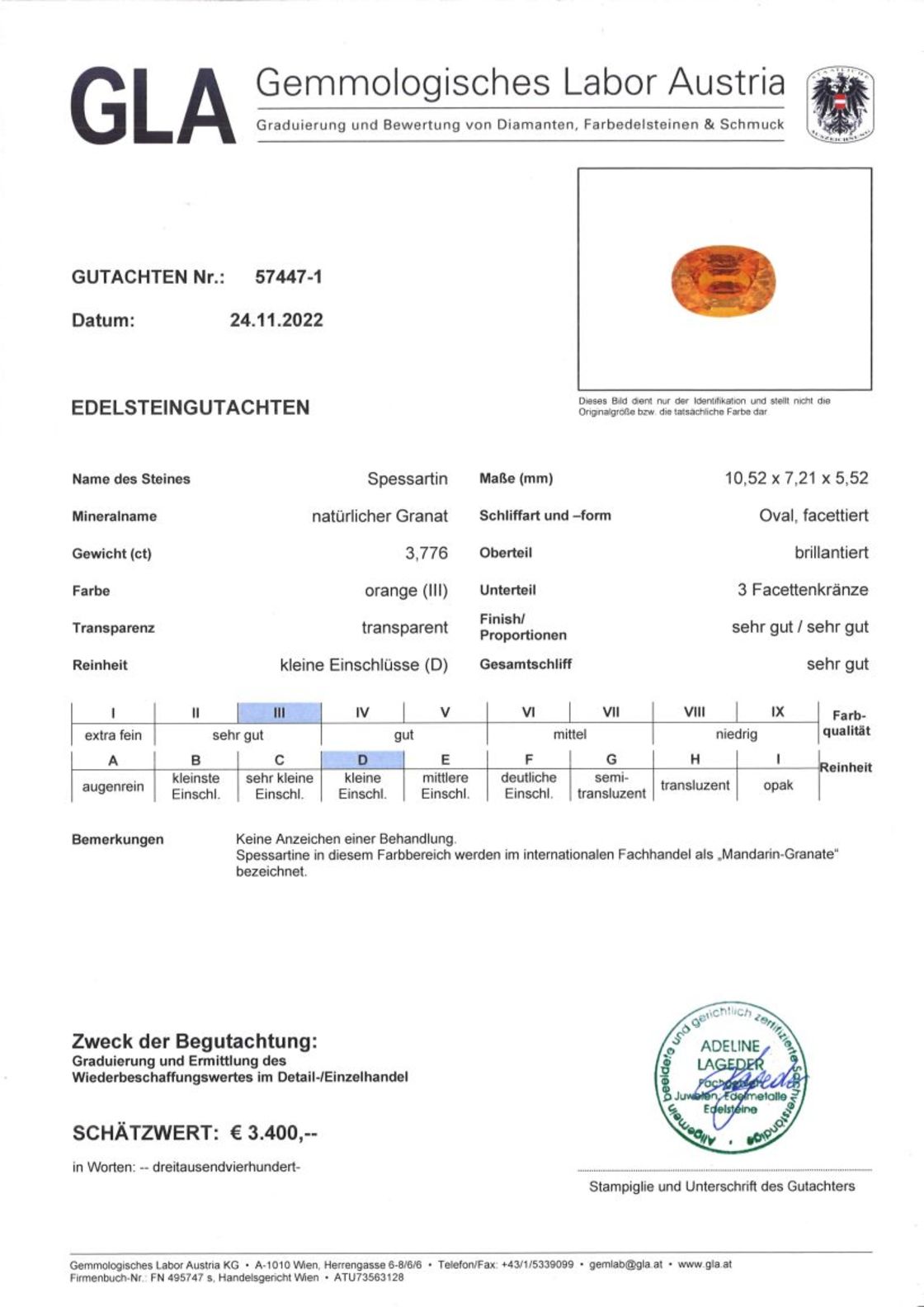 Mandarin-Granat Ovalschliff intensives Orange 3,776 ct
