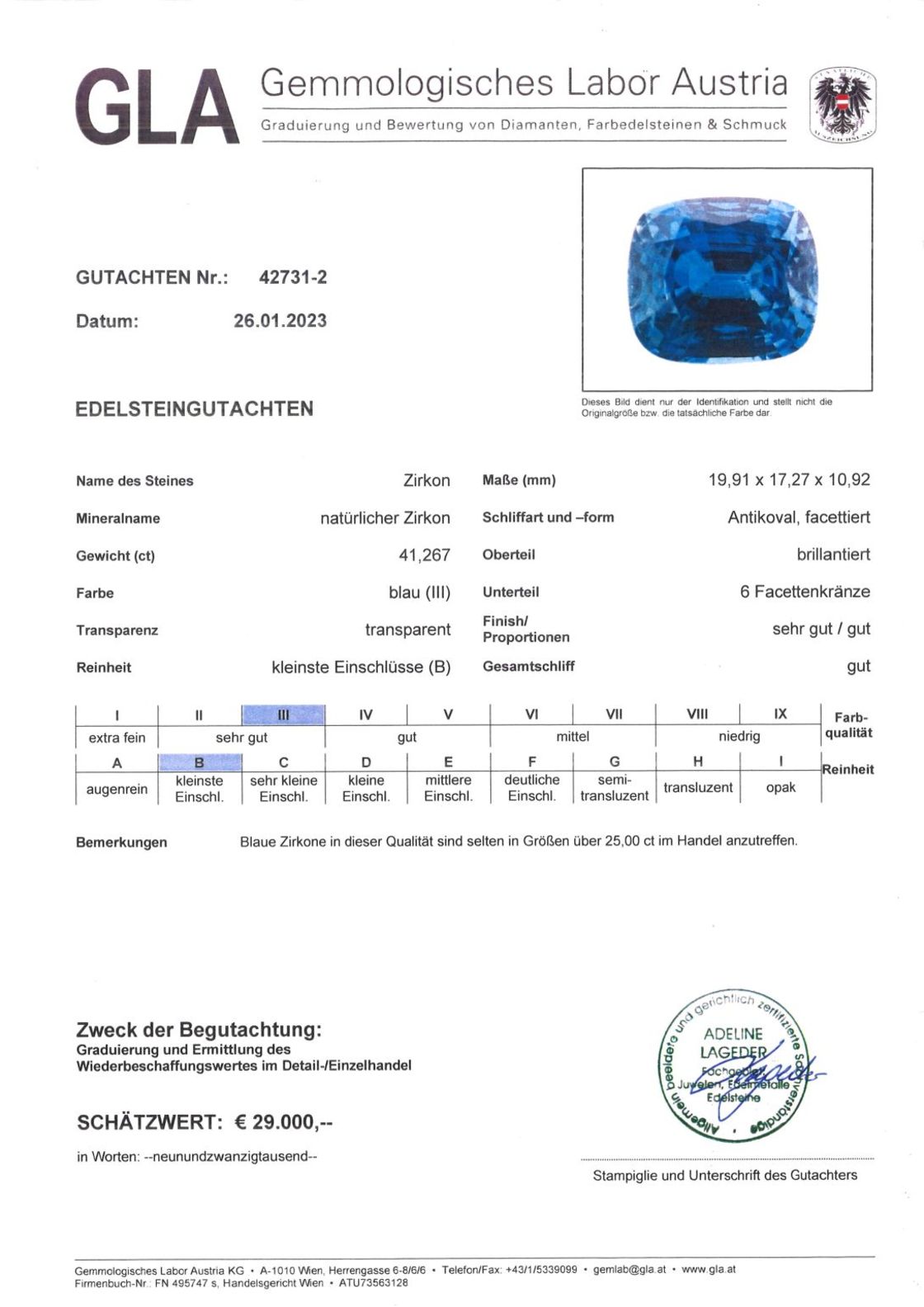 Zirkon Antikschliff blau 41,267 ct