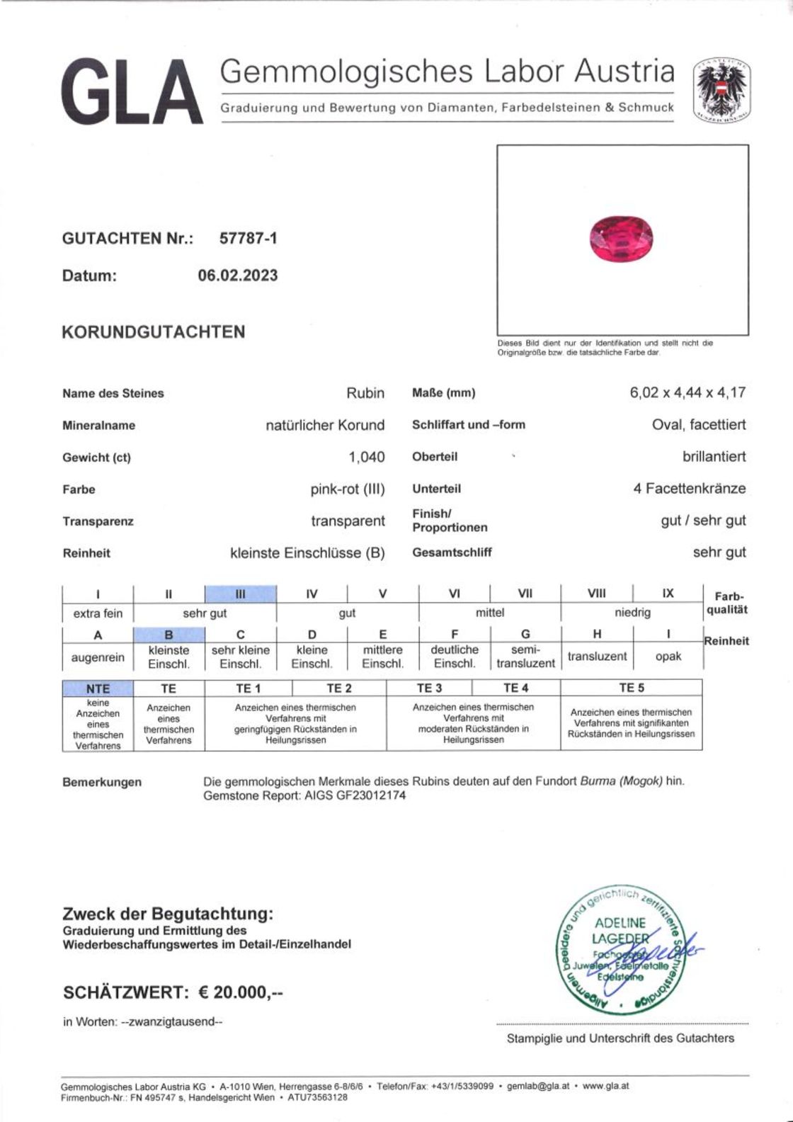 Burma-Rubin unbehandelt Ovalschliff 1,040 ct