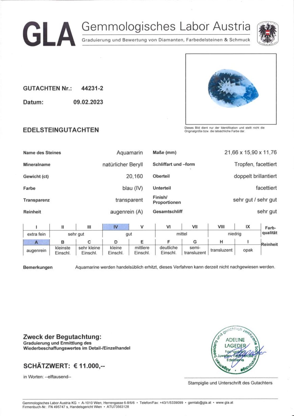 Aquamarin Tropfenschliff intensives Hellblau 20,160 ct