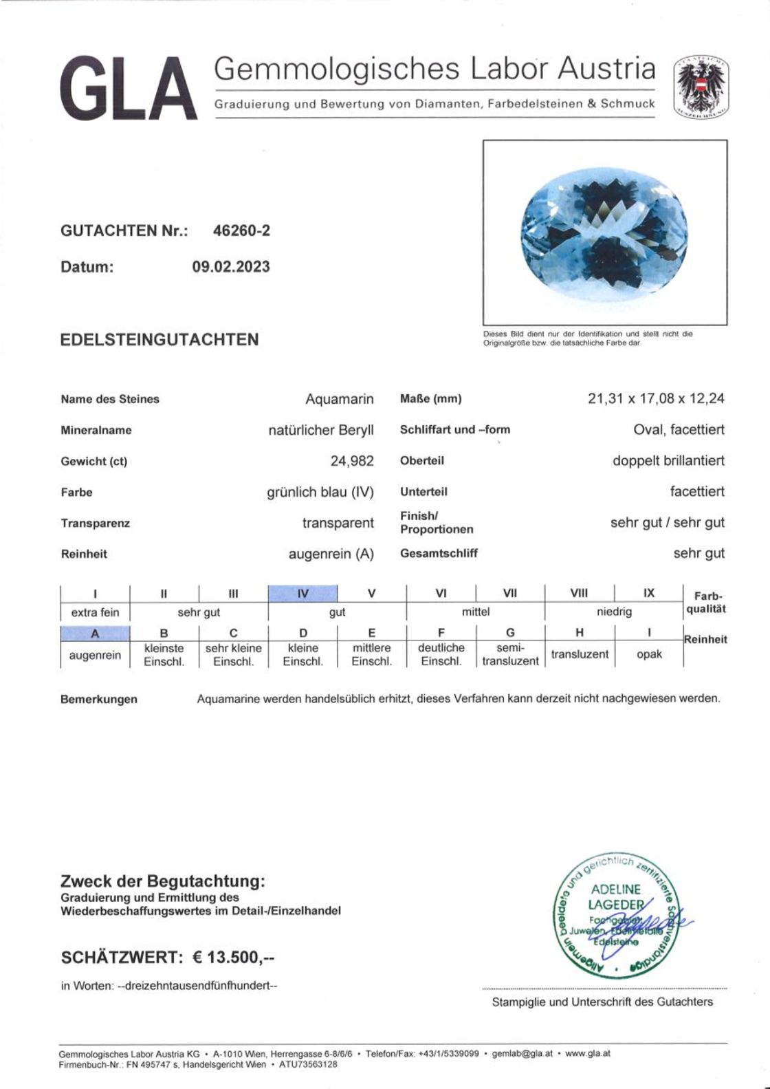 Aquamarin Ovalschliff intensives Hellbau 24,982 ct