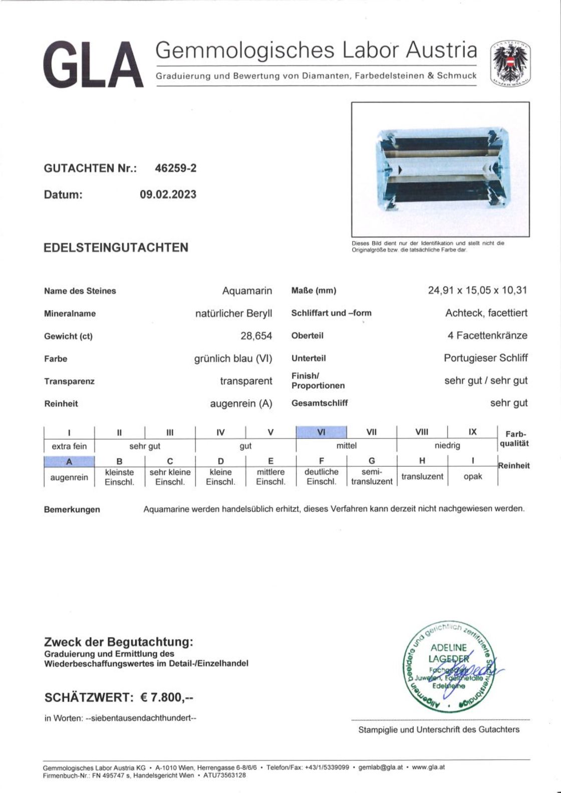 Aquamarin Achteckschliff leicht grünlich hellblau 28,654 ct