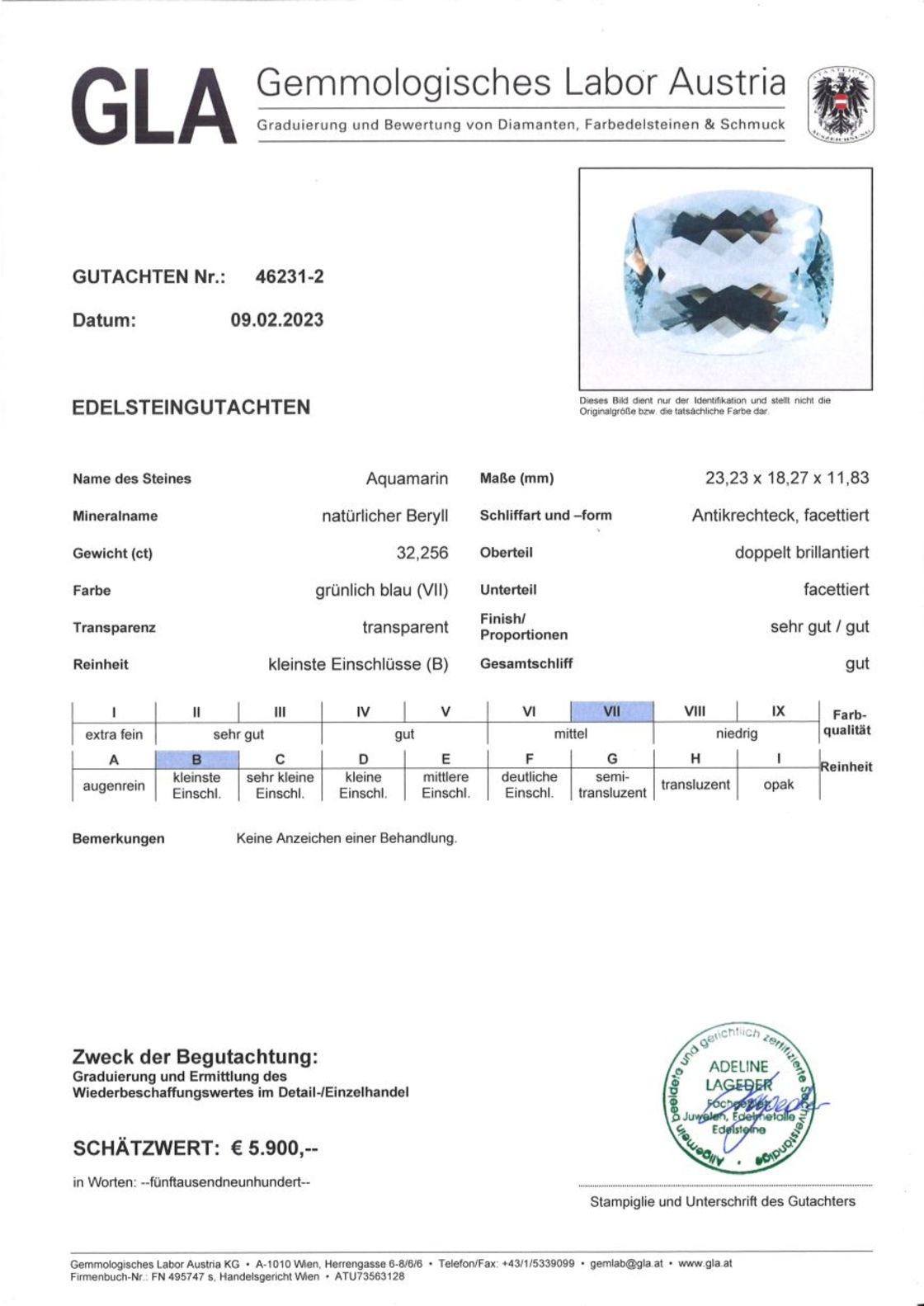 Aquamarin Antikschilff grünlich hellblau 32,256 ct