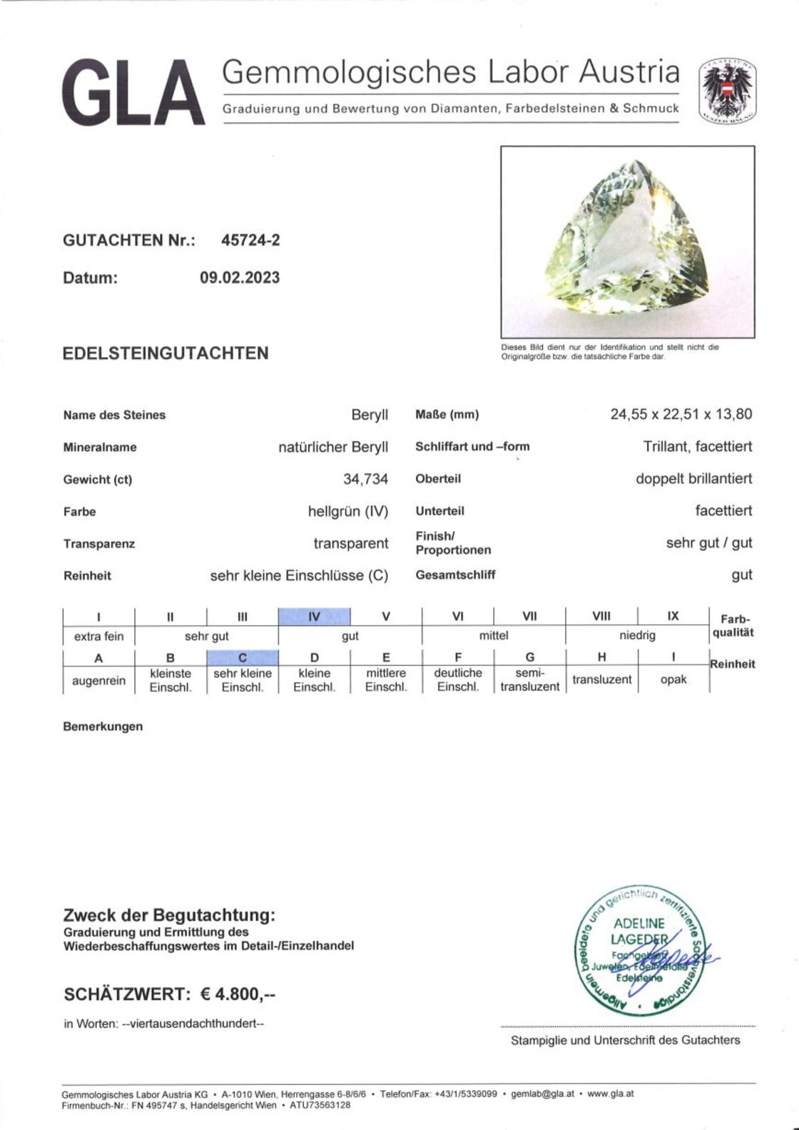 Hellgrüner Beryll Trillionschliff 34,734 ct