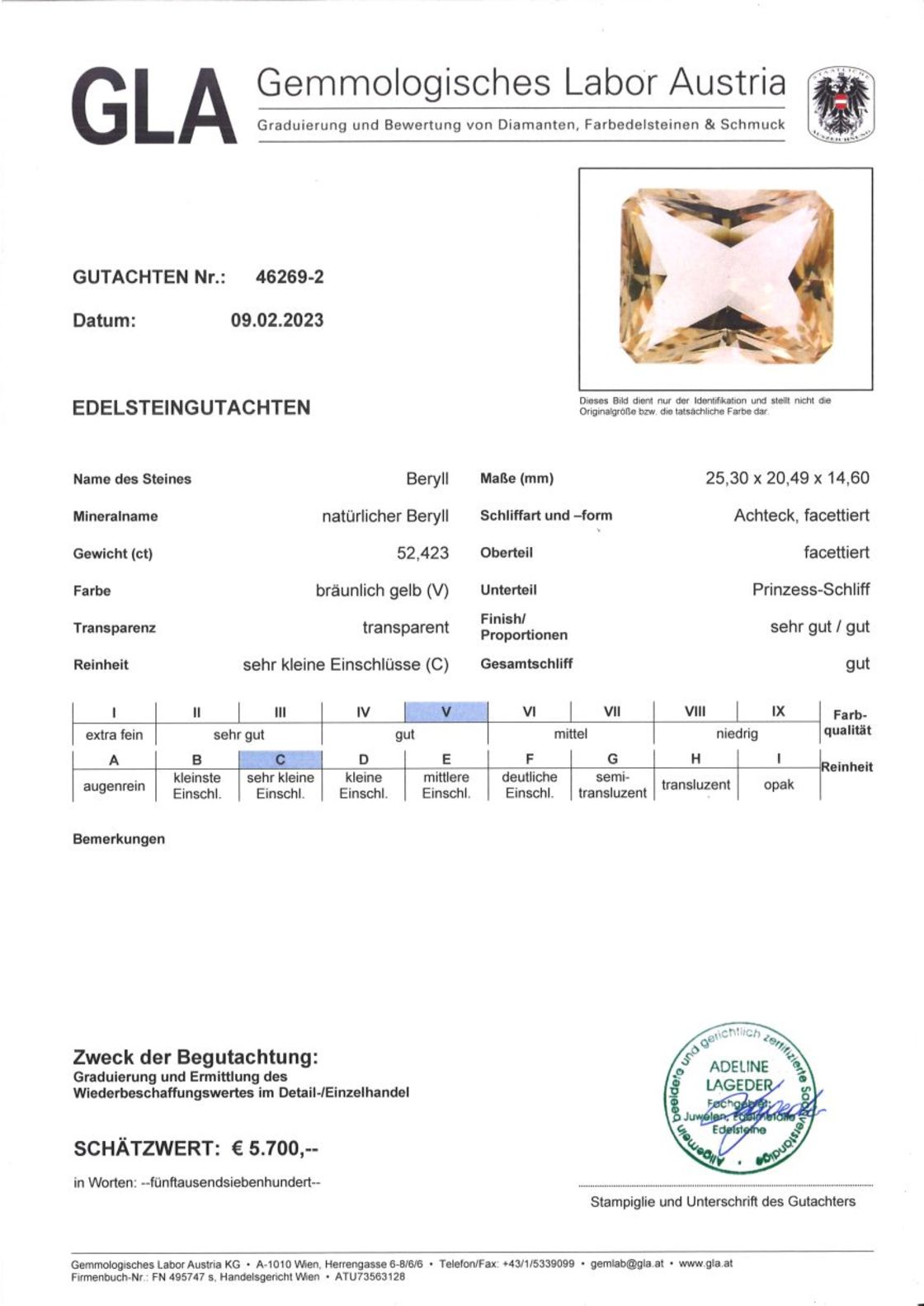 Gutachten zu Beryl octagon-princess champagne 52.42 ct