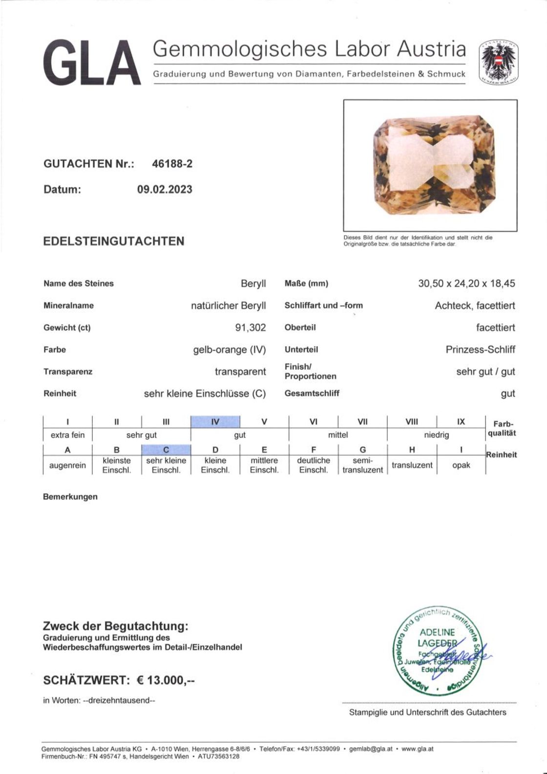 Gutachten zu Edelberyll octagon 91,30 ct
